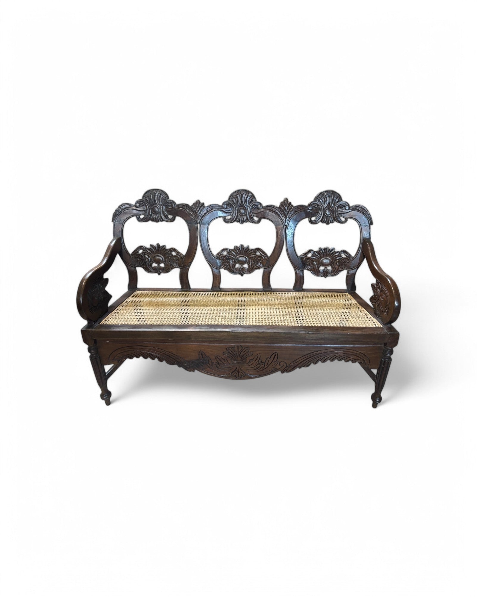 Anglo-Indian Rosewood Carved Settee Bench with Rattan Seating