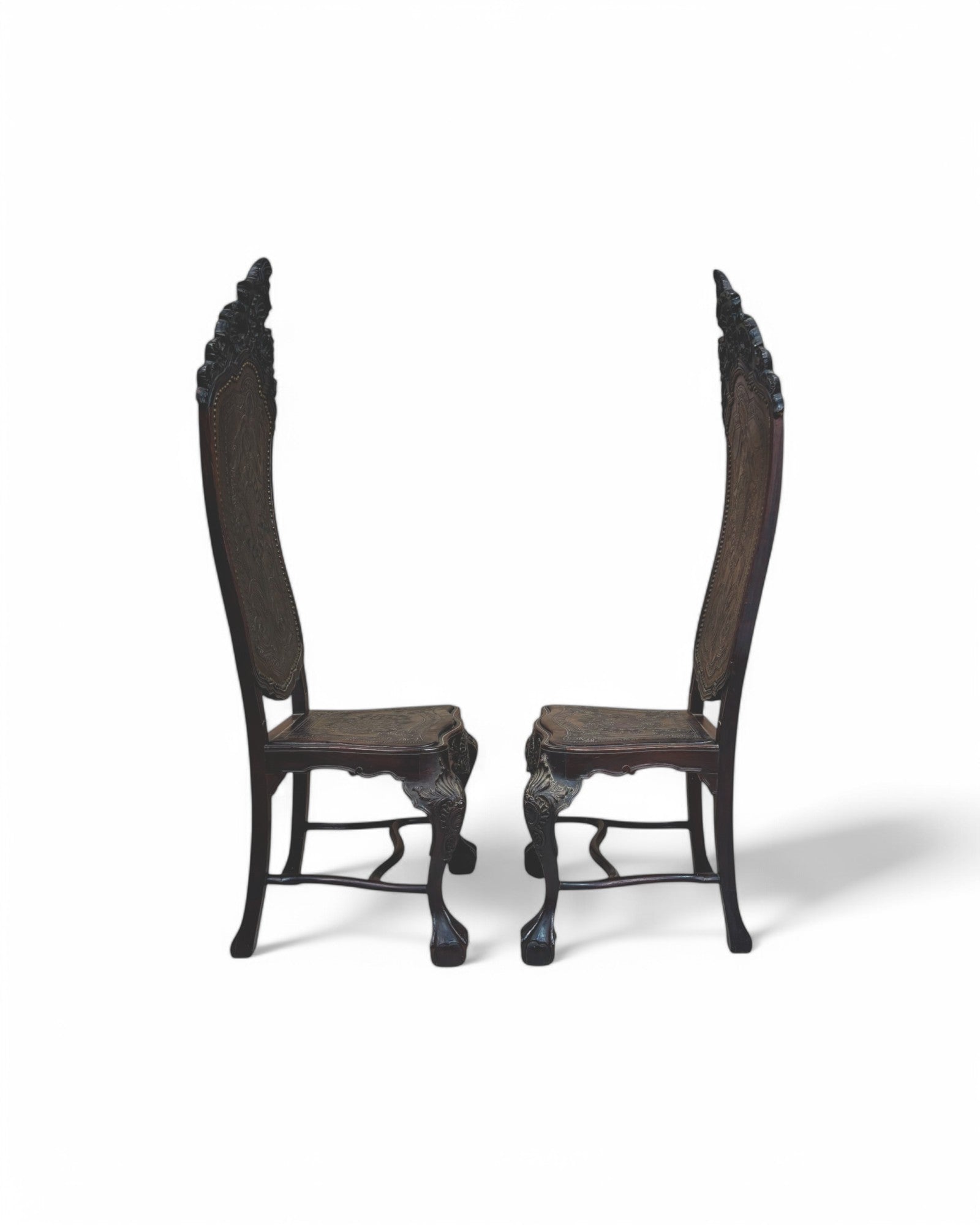 British Colonial Indian Embossed Leather Highback Oakwood Dining Chair - Set of 2