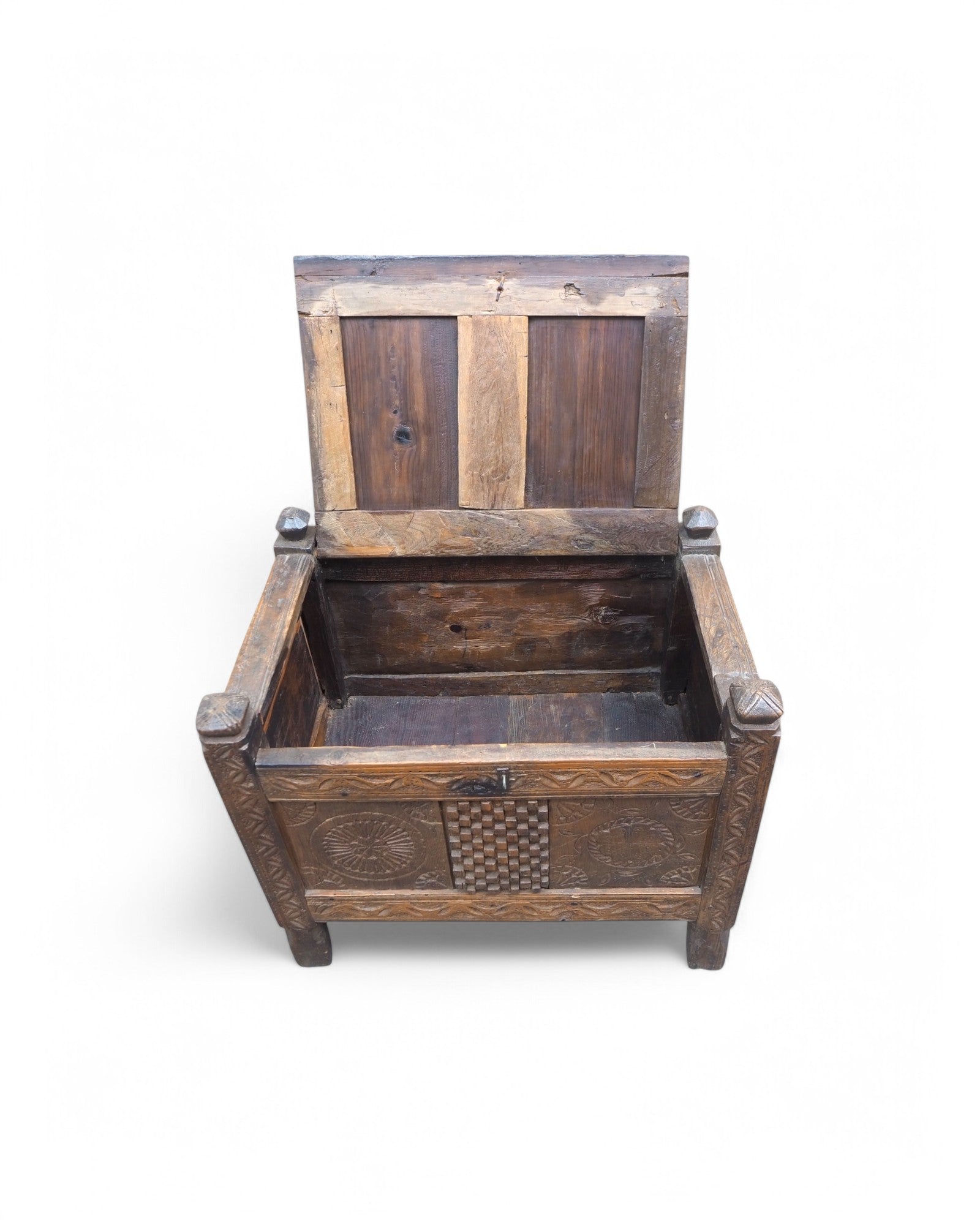 Ornate Indian Checkered Mandala Pitara Storage Chest 1920s