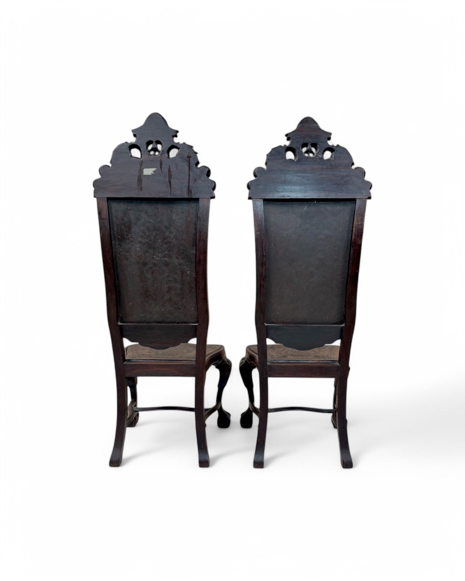 British Colonial Indian Embossed Leather Highback Oakwood Dining Chair - Set of 2