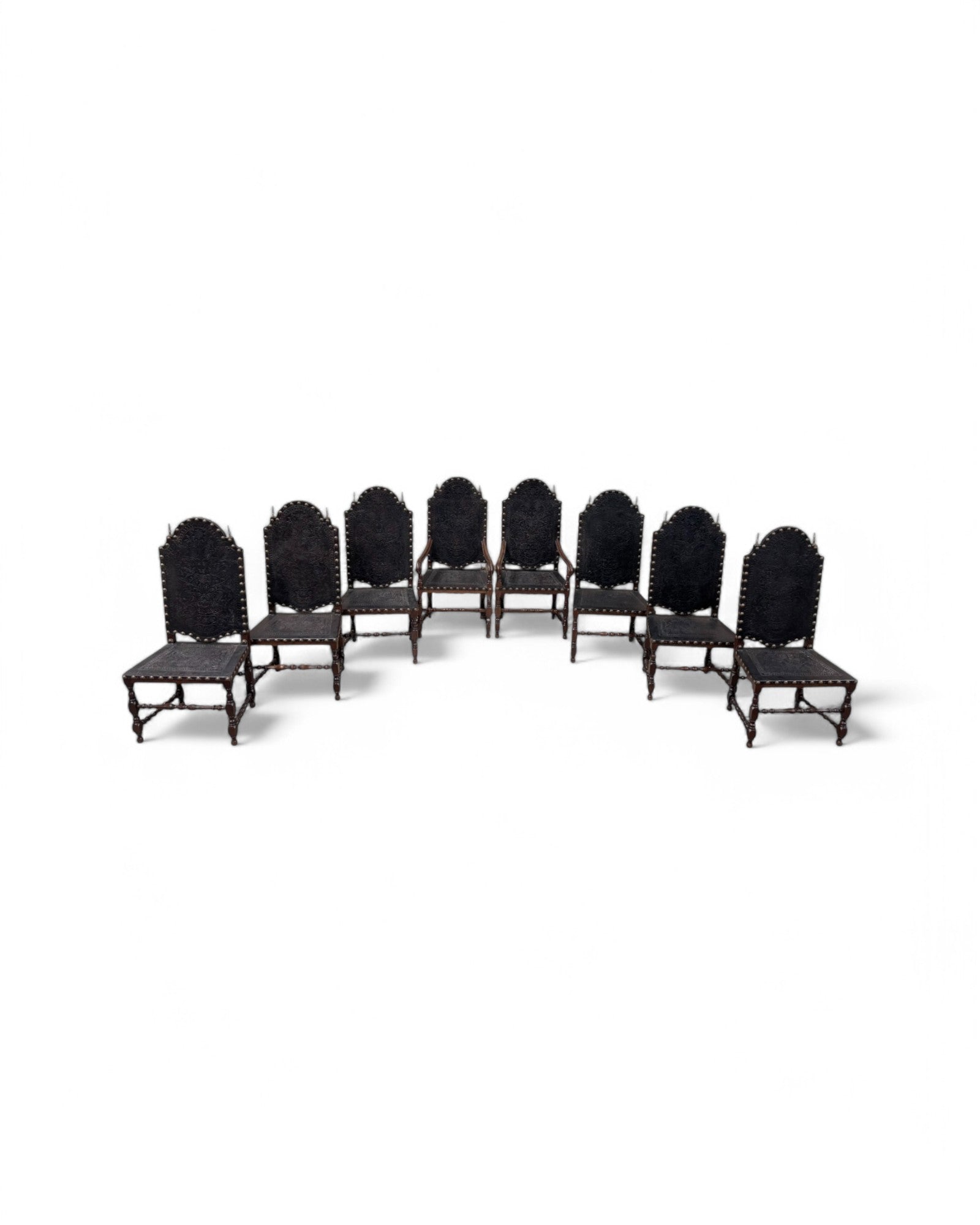 Portugese Embossed Leather Oakwood Dining Chairs - Set of 8