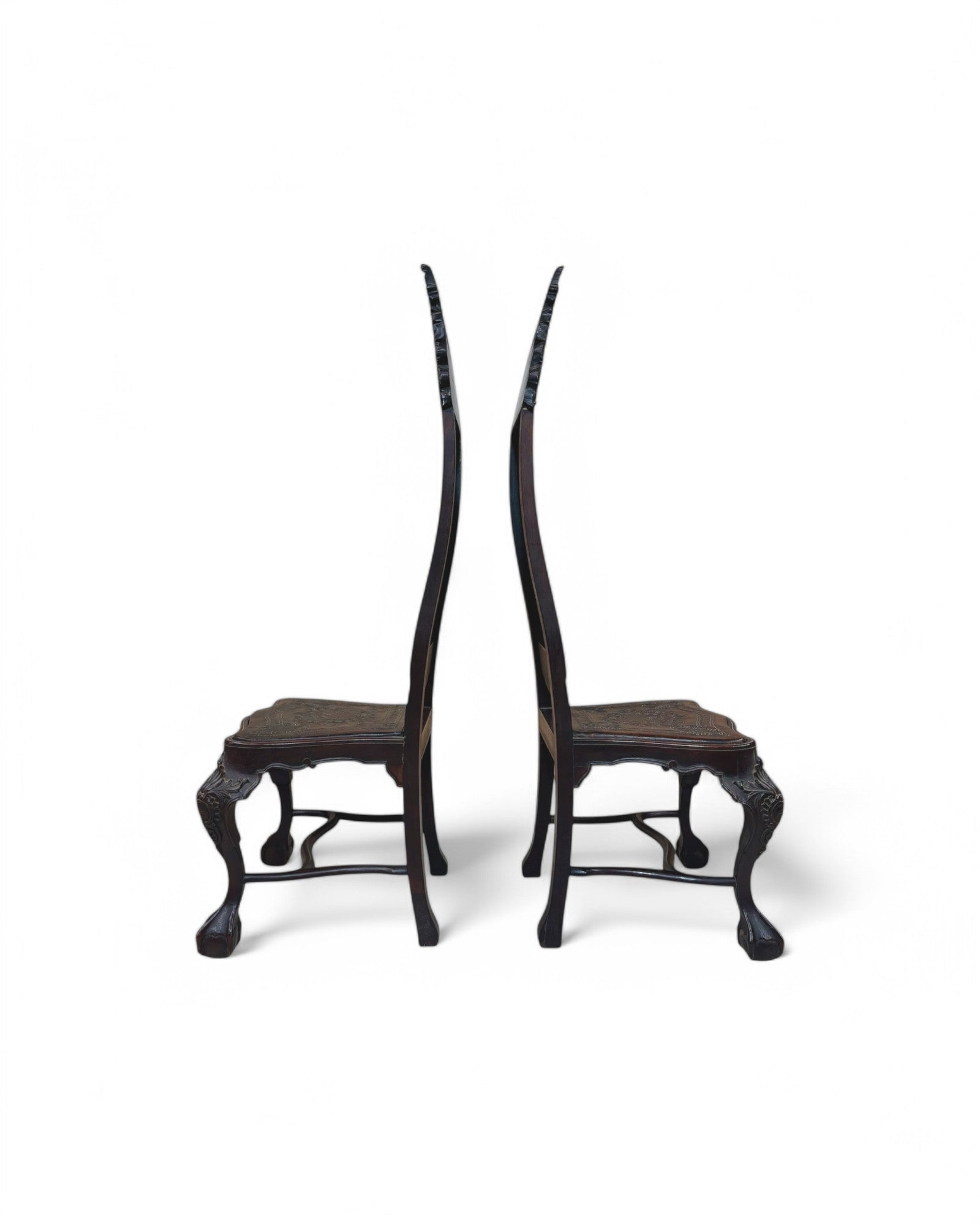 British Colonial Indian Embossed Leather Highback Oakwood Dining Chair - Set of 2