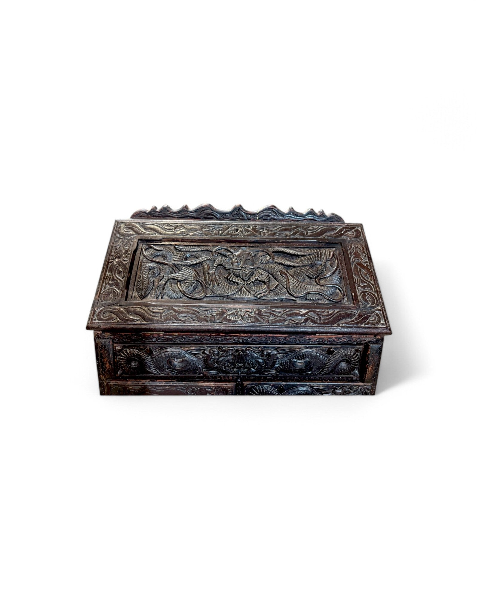 Anglo-Indian Dragon Carved Walnut Antique Bureau Writing Desk