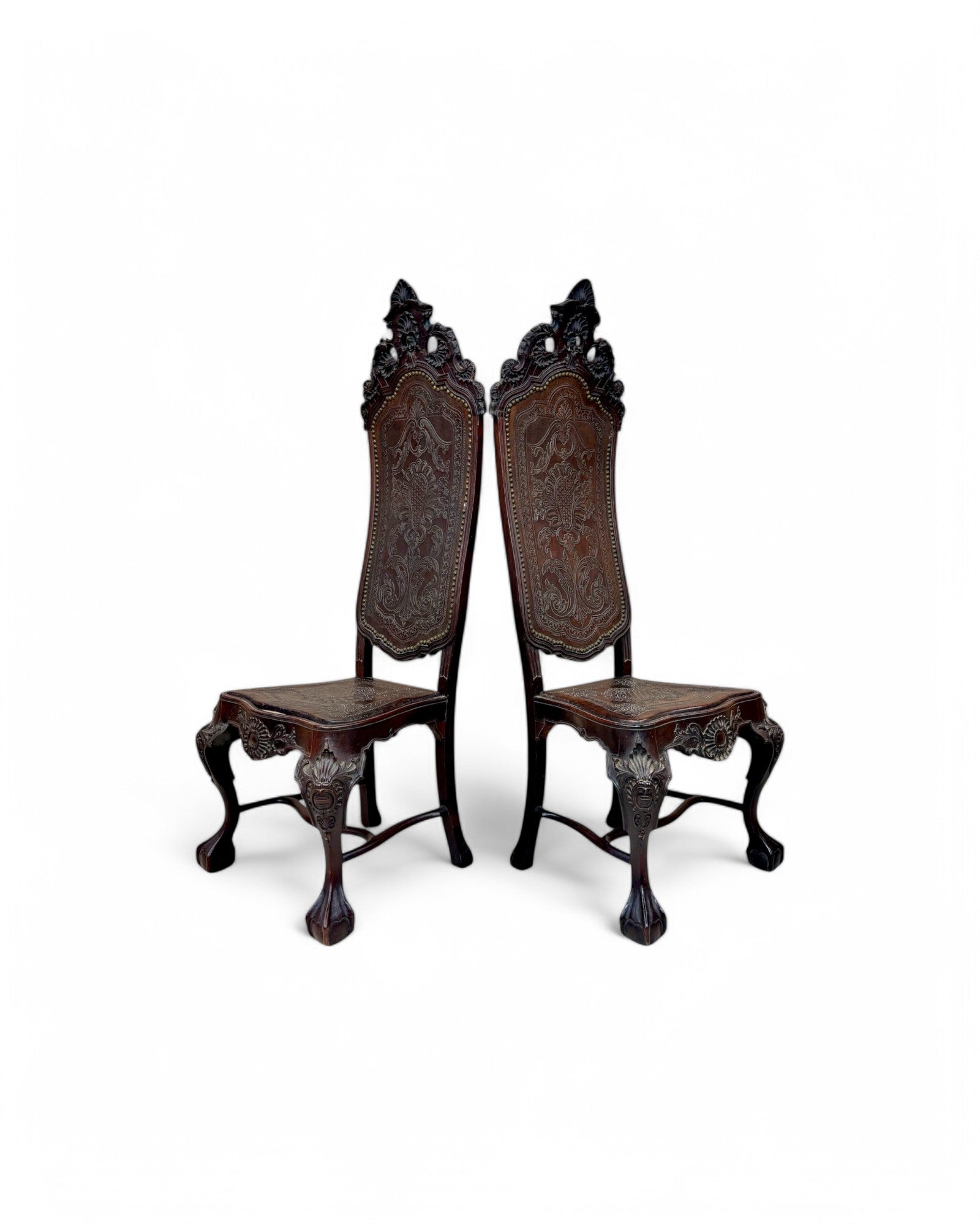 British Colonial Indian Embossed Leather Highback Oakwood Dining Chair - Set of 2