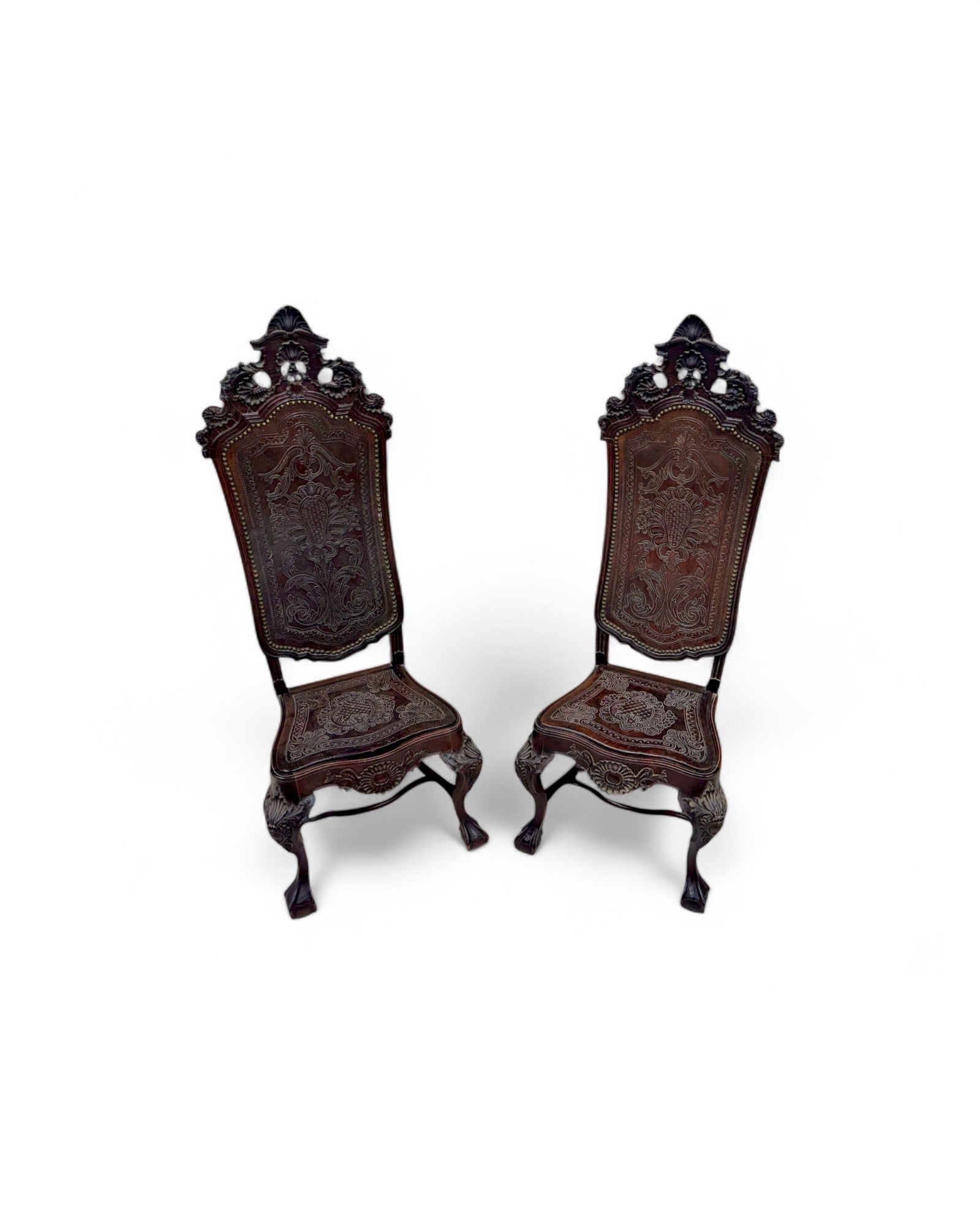 British Colonial Indian Embossed Leather Highback Oakwood Dining Chair - Set of 2