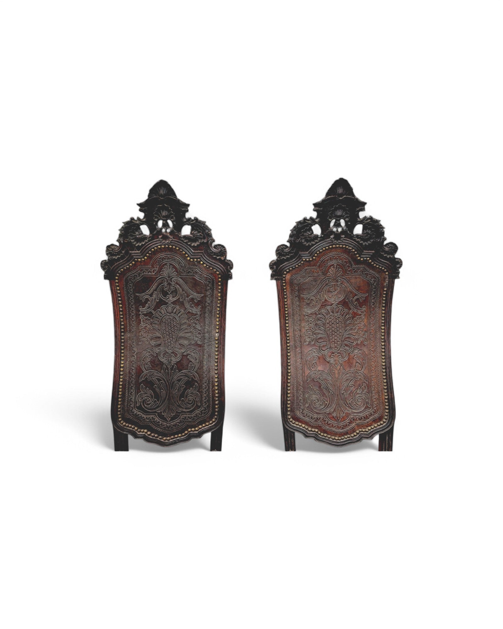 British Colonial Indian Embossed Leather Highback Oakwood Dining Chair - Set of 2