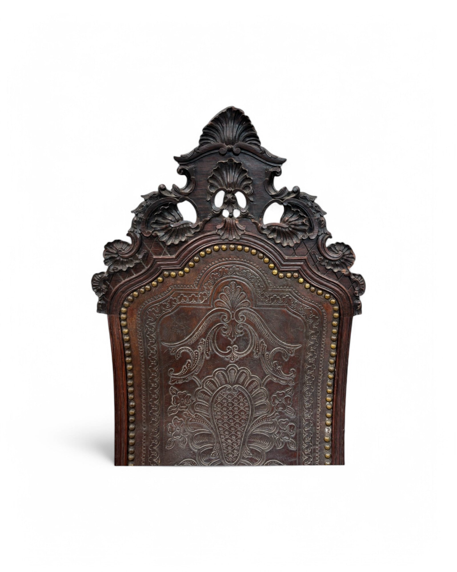 British Colonial Indian Embossed Leather Highback Oakwood Dining Chair - Set of 2
