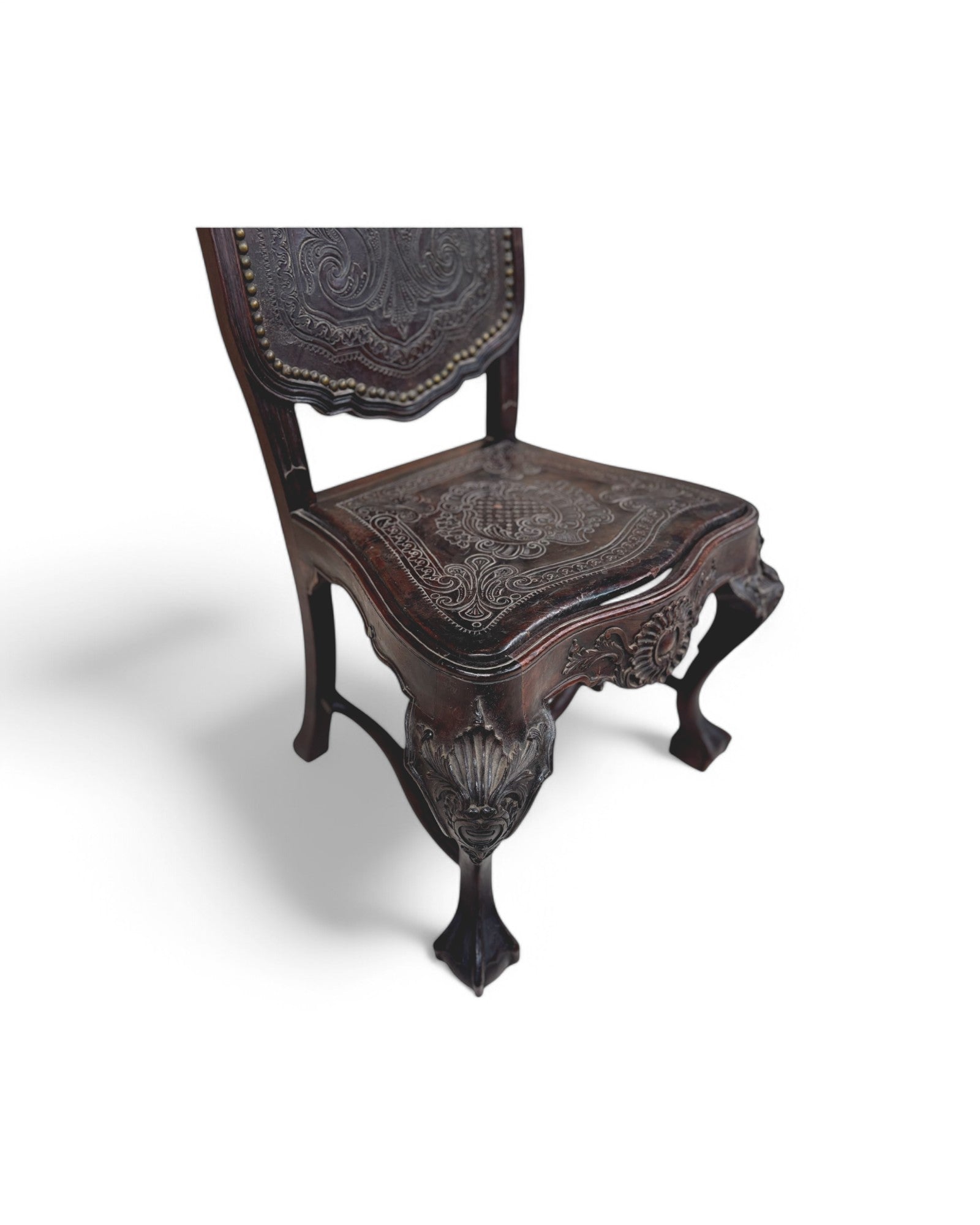 British Colonial Indian Embossed Leather Highback Oakwood Dining Chair - Set of 2