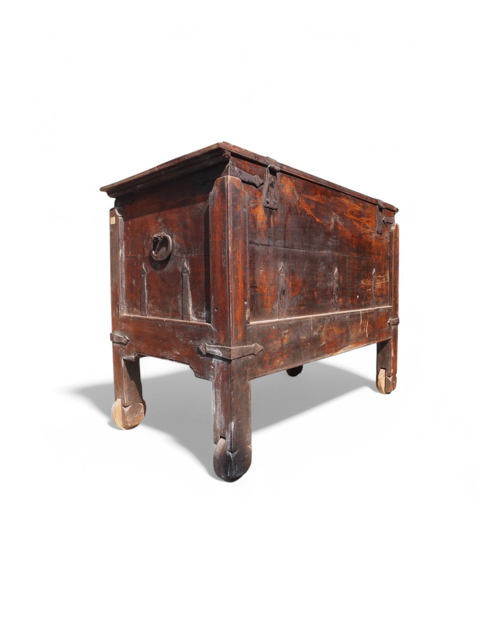 Antique Teak Goa Wheeled Storage Chest 1900s