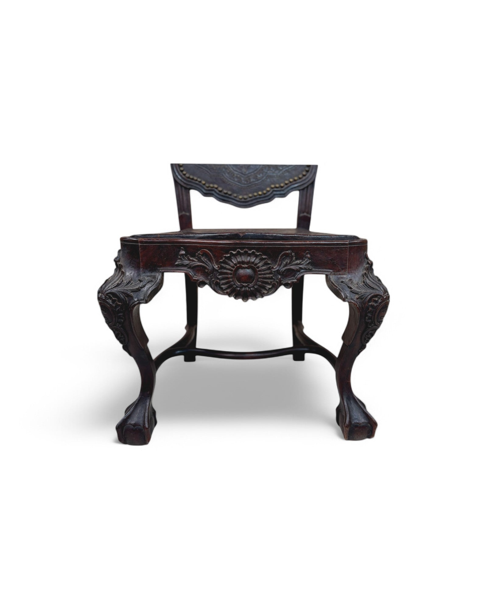 British Colonial Indian Embossed Leather Highback Oakwood Dining Chair - Set of 2