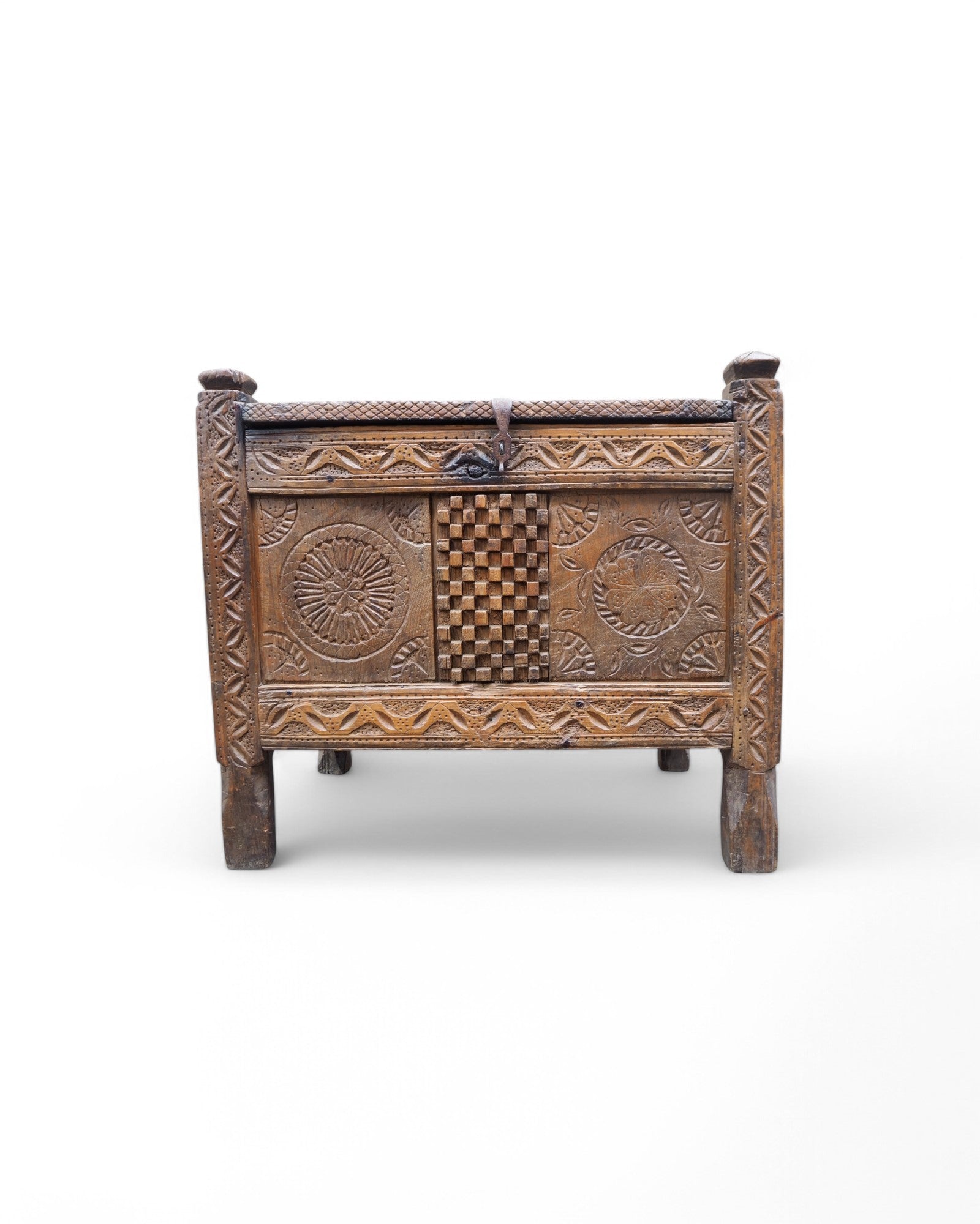 Ornate Indian Checkered Mandala Pitara Storage Chest 1920s