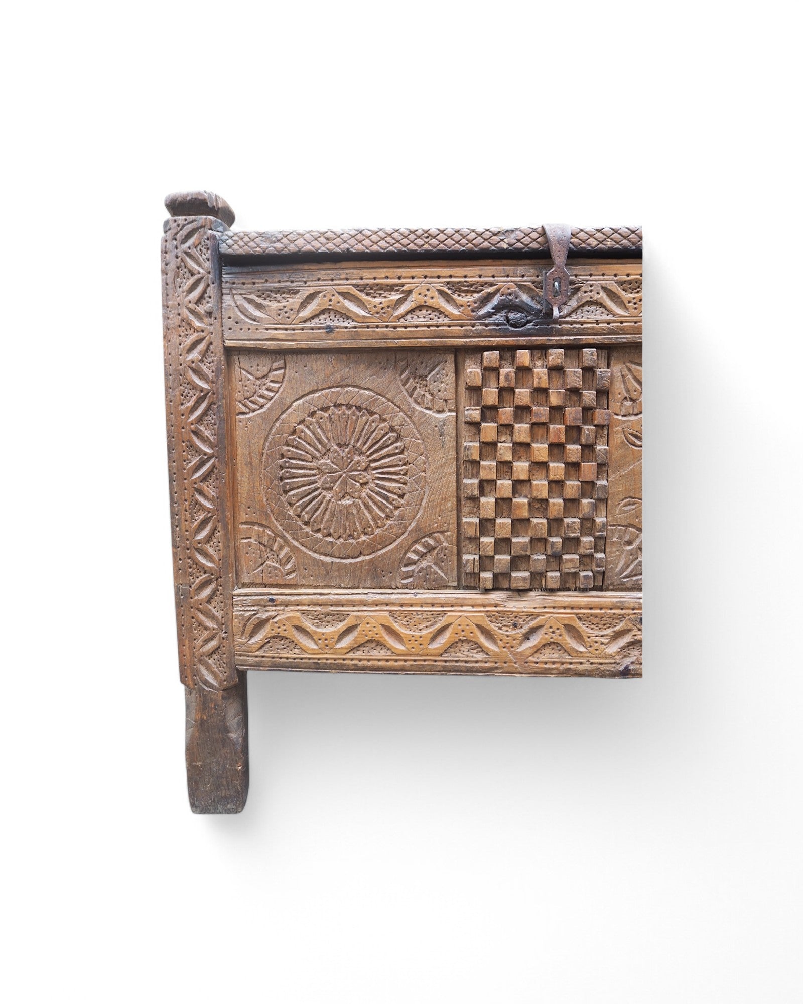 Ornate Indian Checkered Mandala Pitara Storage Chest 1920s