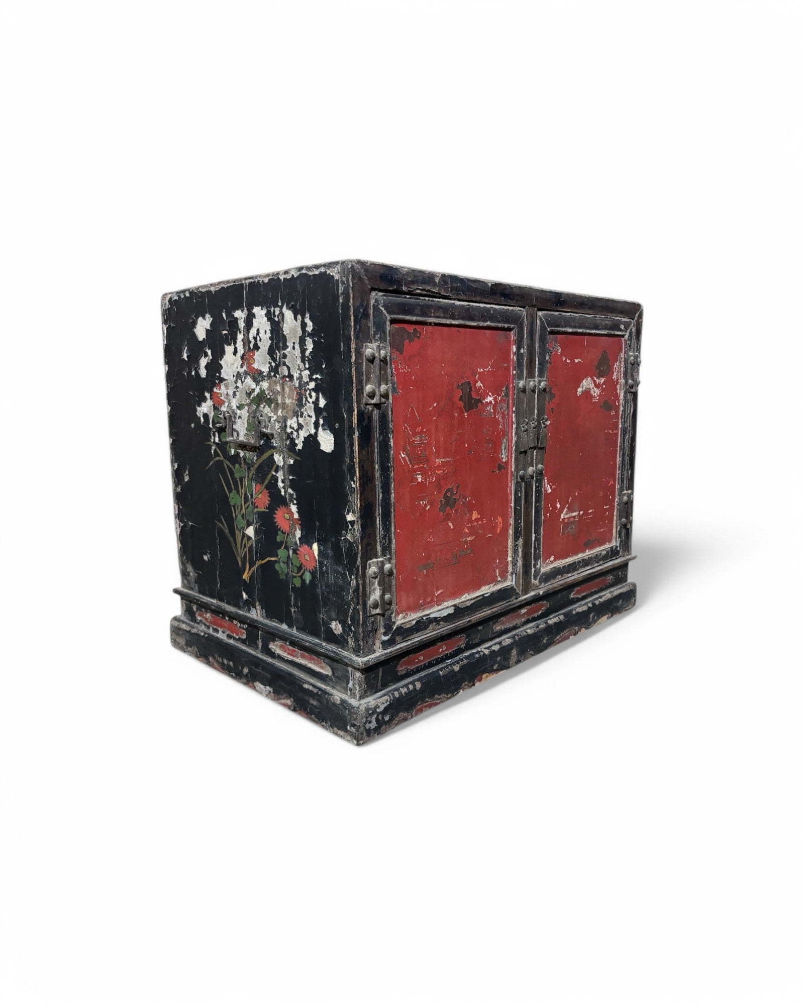 Antique Distressed Black & Red Indo-Chinese Chest/Commode