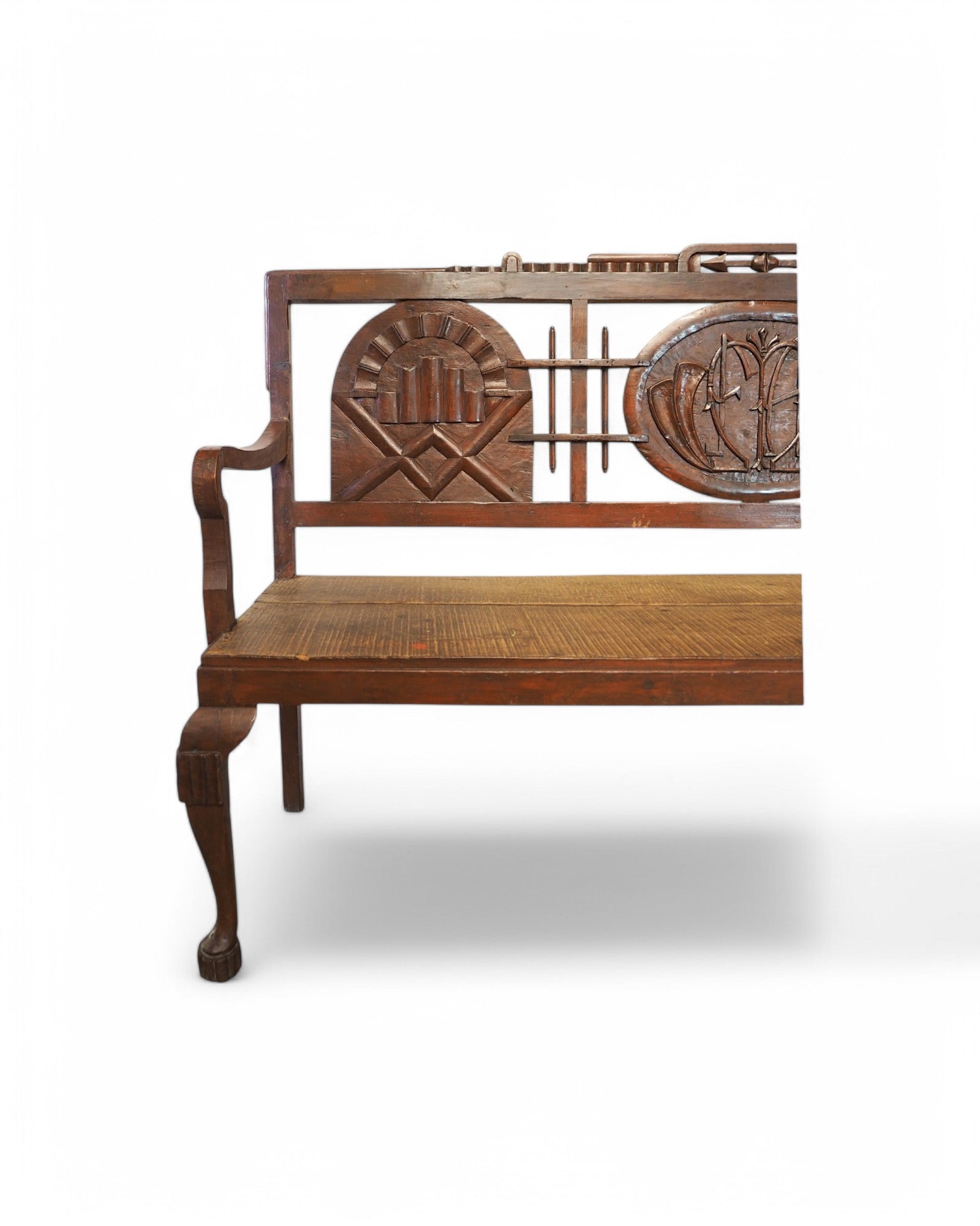 1920s Colonial Carved Emblem Teak Bench