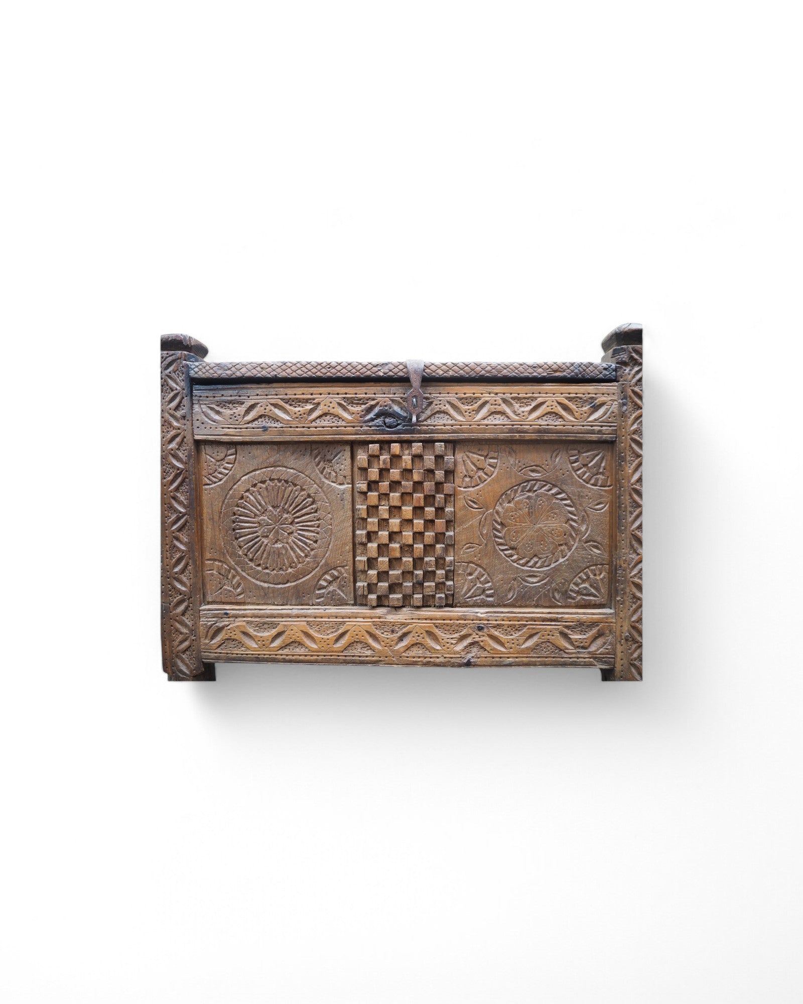Ornate Indian Checkered Mandala Pitara Storage Chest 1920s