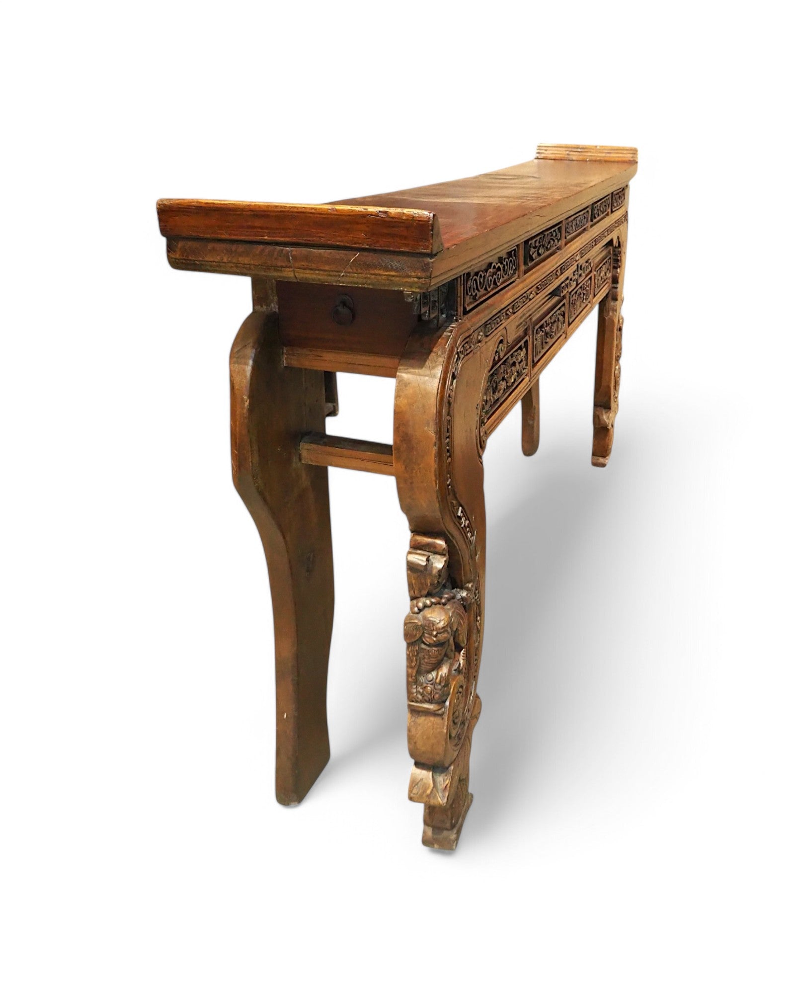 Mid-Qing Dynasty Fujian Long Lion Wing Carved Teak Console Table