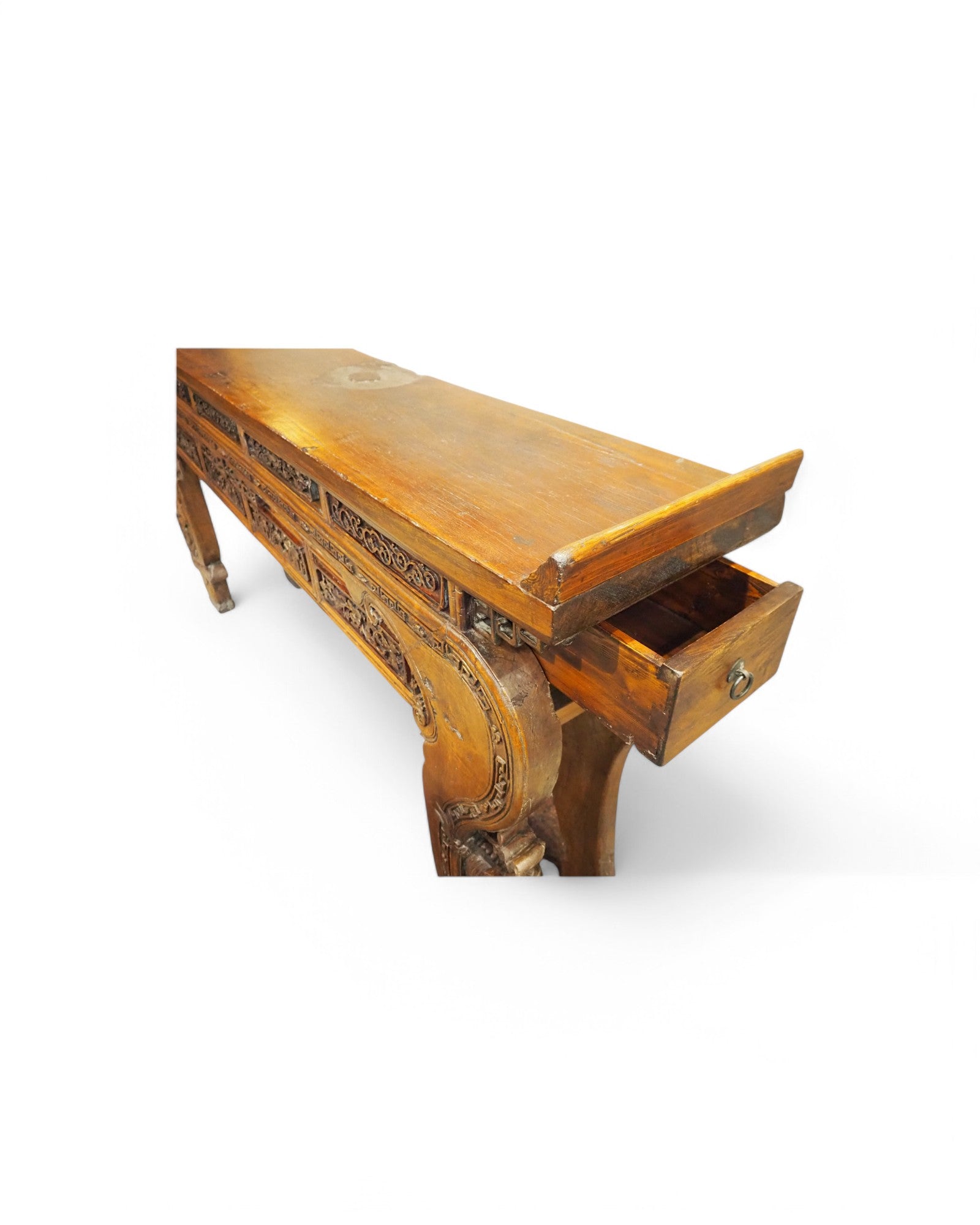 Mid-Qing Dynasty Fujian Long Lion Wing Carved Teak Console Table