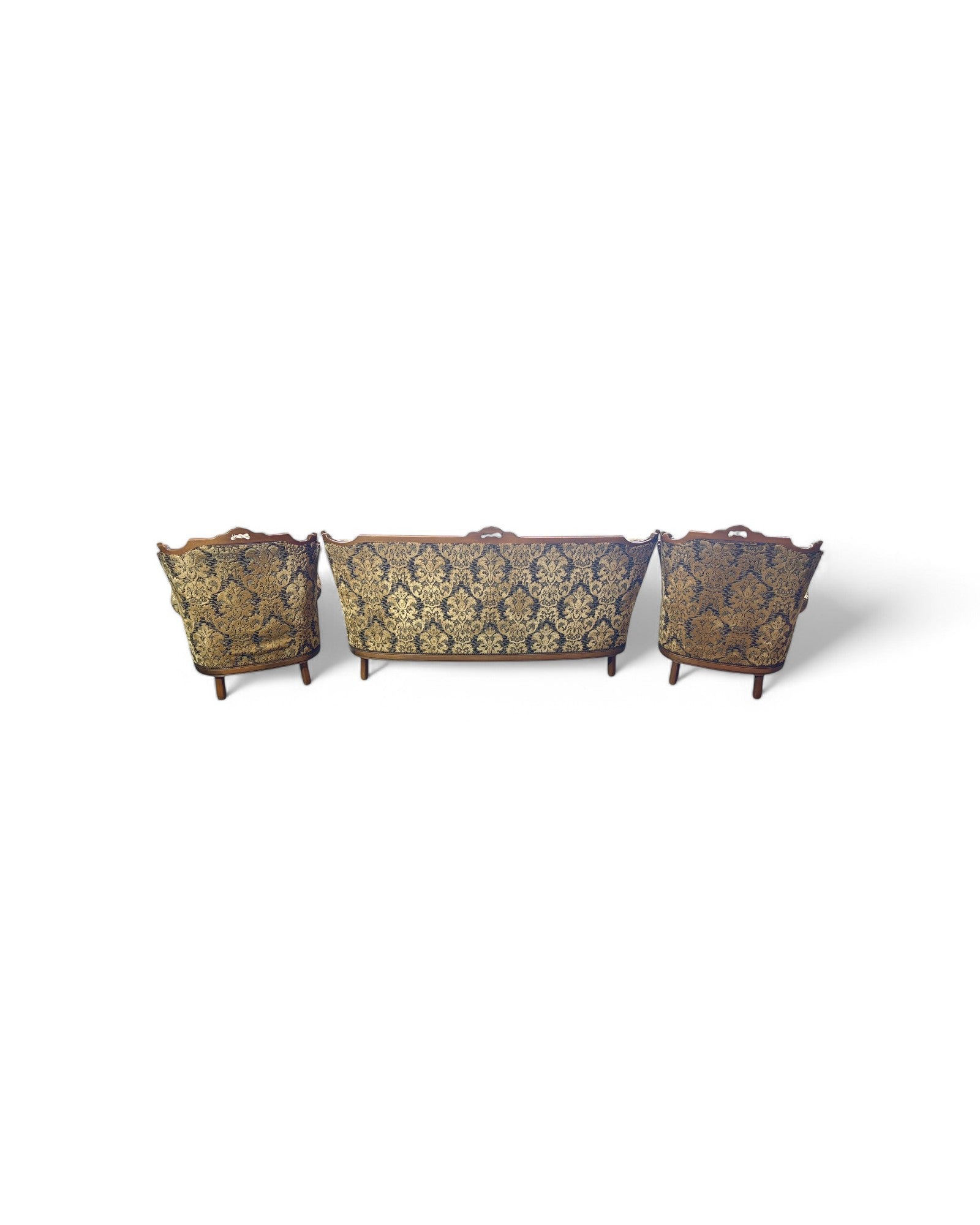 French Carved Walnut Three Seater Sofa & Two Matching Armchairs - Set of 3