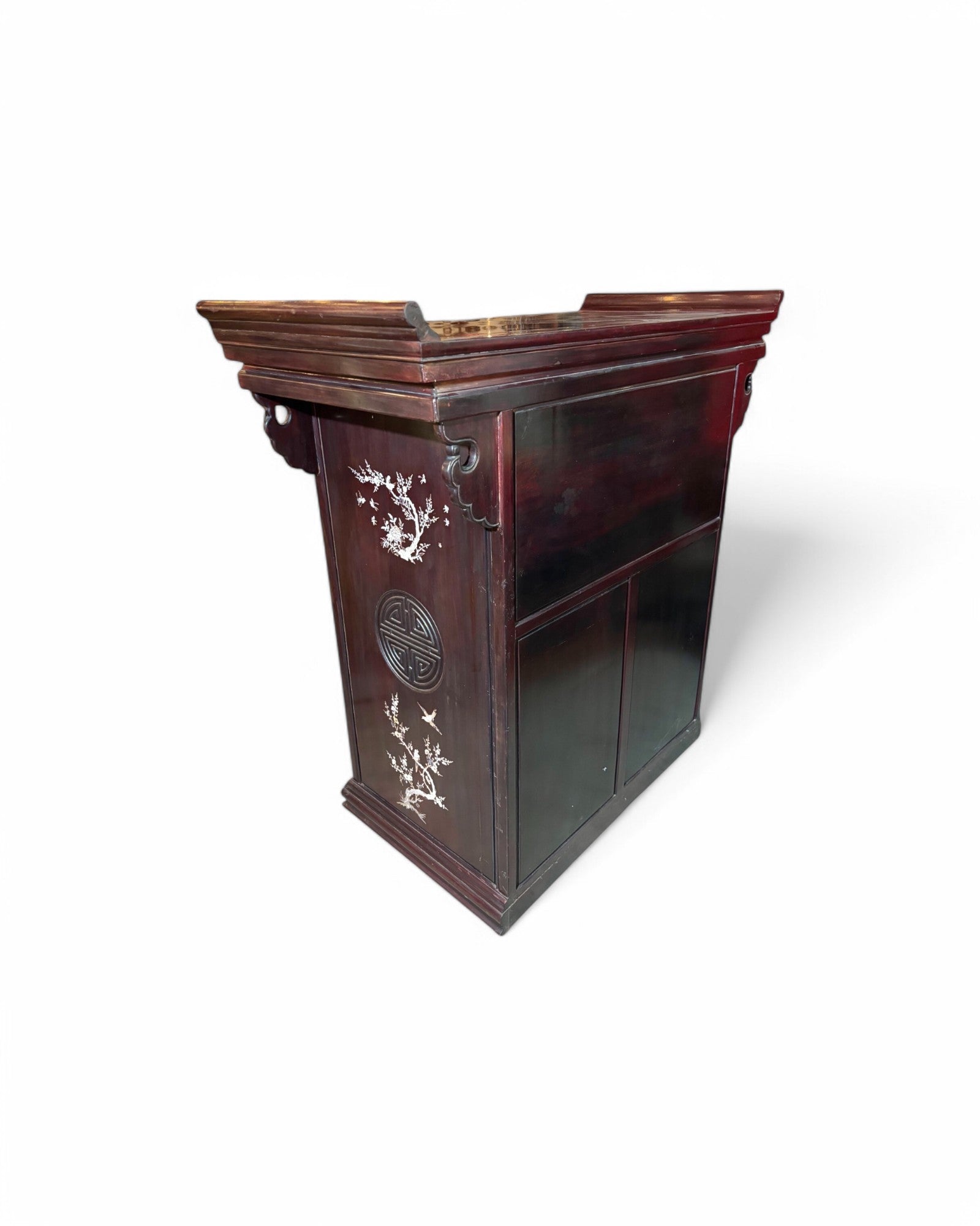 Gilded Mother of Pearl Inlaid Chinese Dark Wood Cabinet and Console