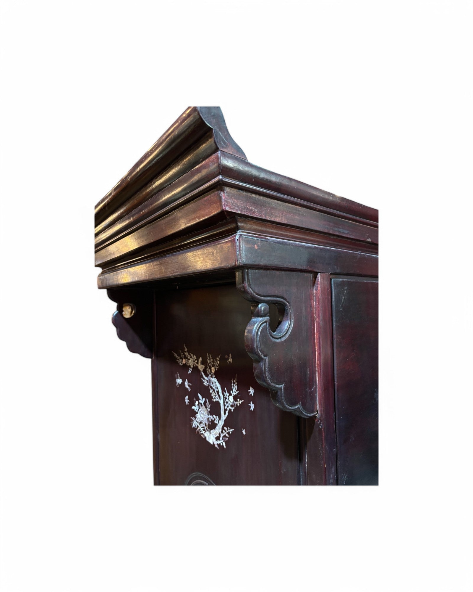 Gilded Mother of Pearl Inlaid Chinese Dark Wood Cabinet and Console