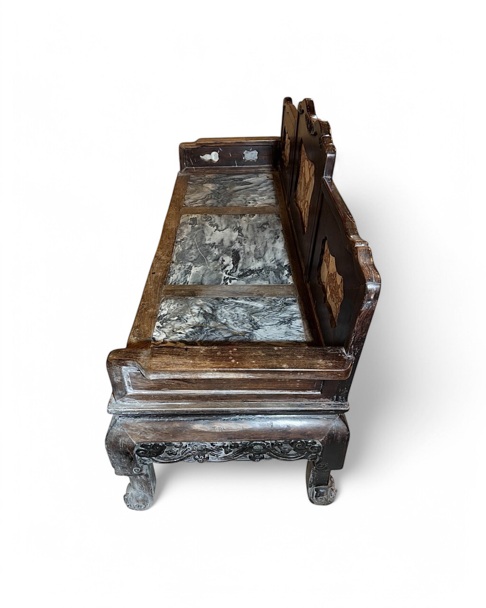 Antique Marble & Terrazzo Inlaid Chinese Carved Wooden Daybed
