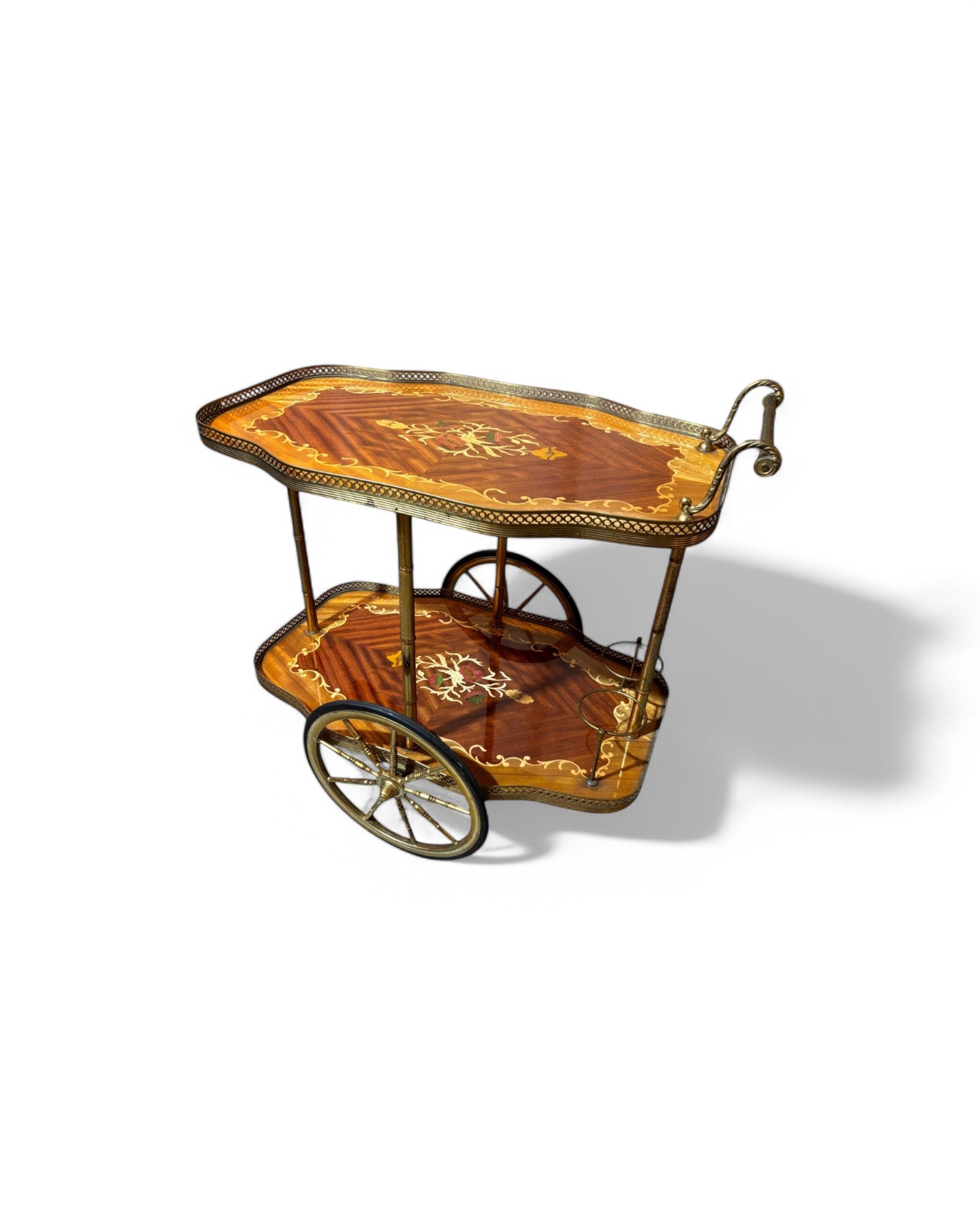 1950s Vintage Italian Trolley Hollywood Regency Inlaid Bar Cart