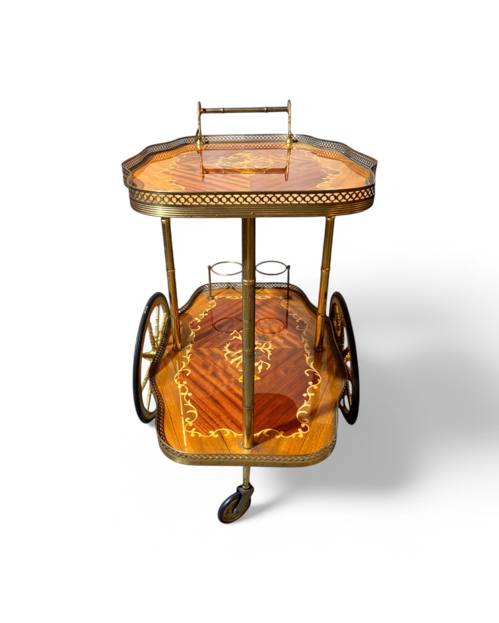 1950s Vintage Italian Trolley Hollywood Regency Inlaid Bar Cart