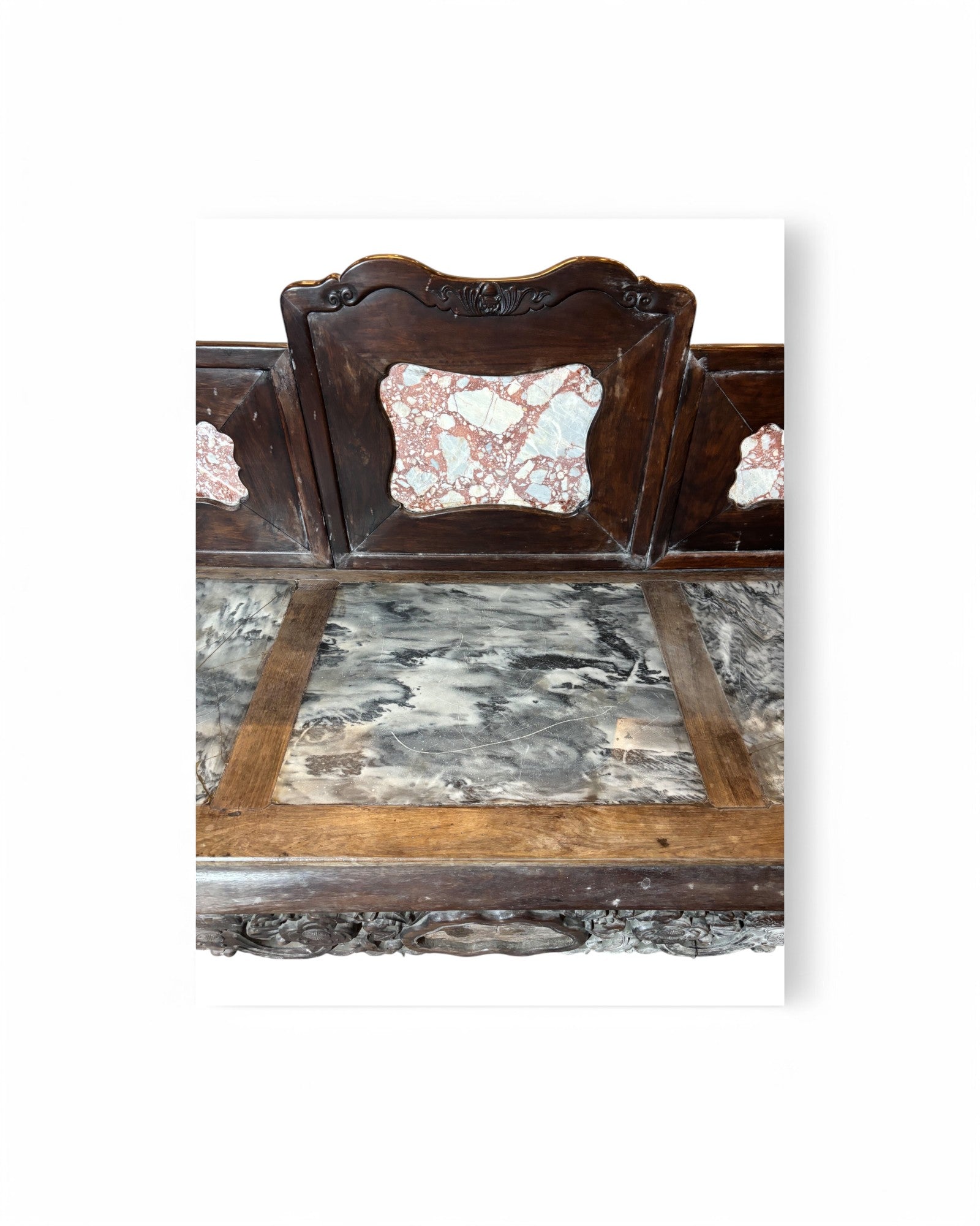 Antique Marble & Terrazzo Inlaid Chinese Carved Wooden Daybed