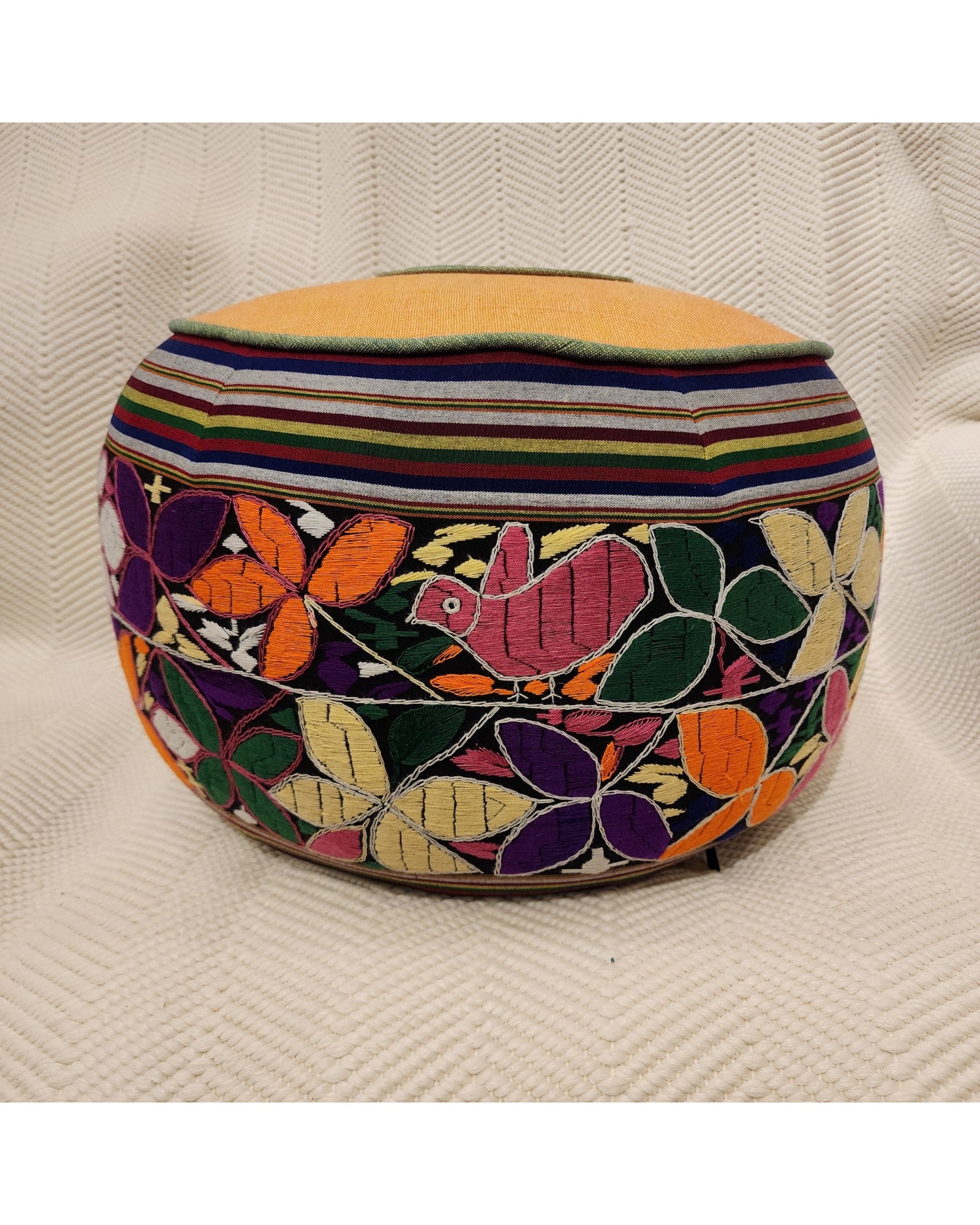 Round Pouf with Hand-Embroidered and Handwoven Fabrics - Floral Design & Yellow Top