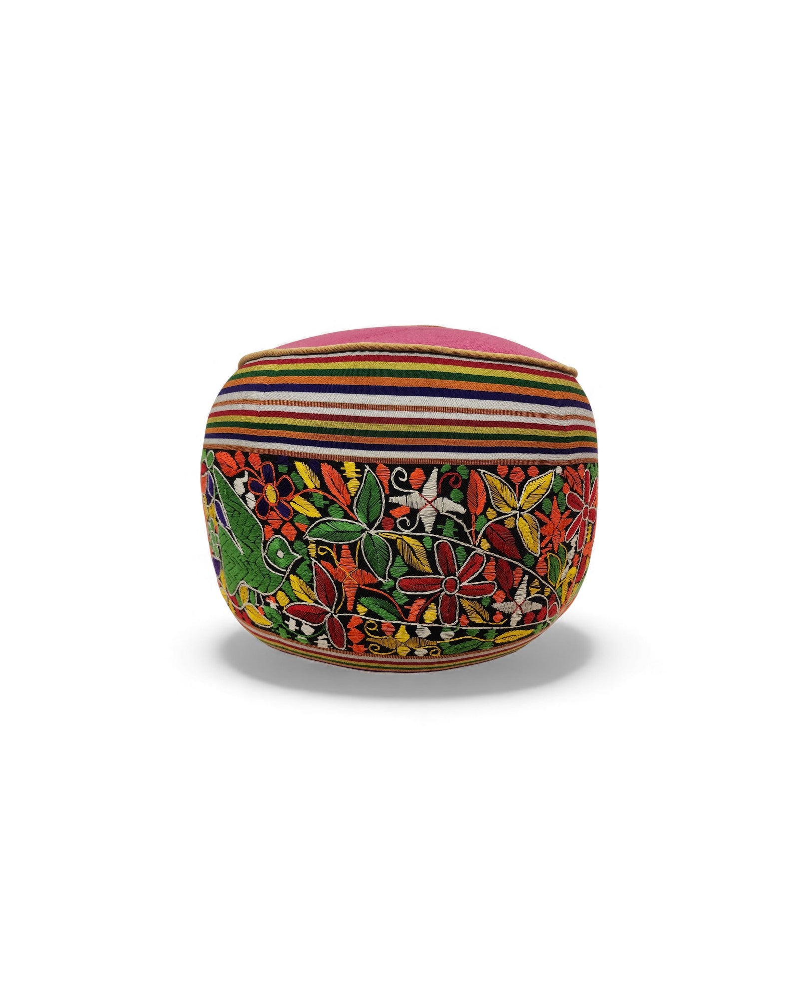 Round Pouf with Hand-Embroidered and Handwoven Fabrics - Floral Design & Pink Top