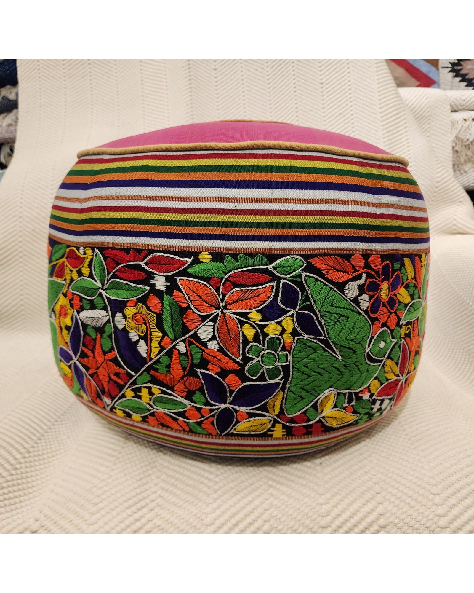 Round Pouf with Hand-Embroidered and Handwoven Fabrics - Floral Design & Pink Top