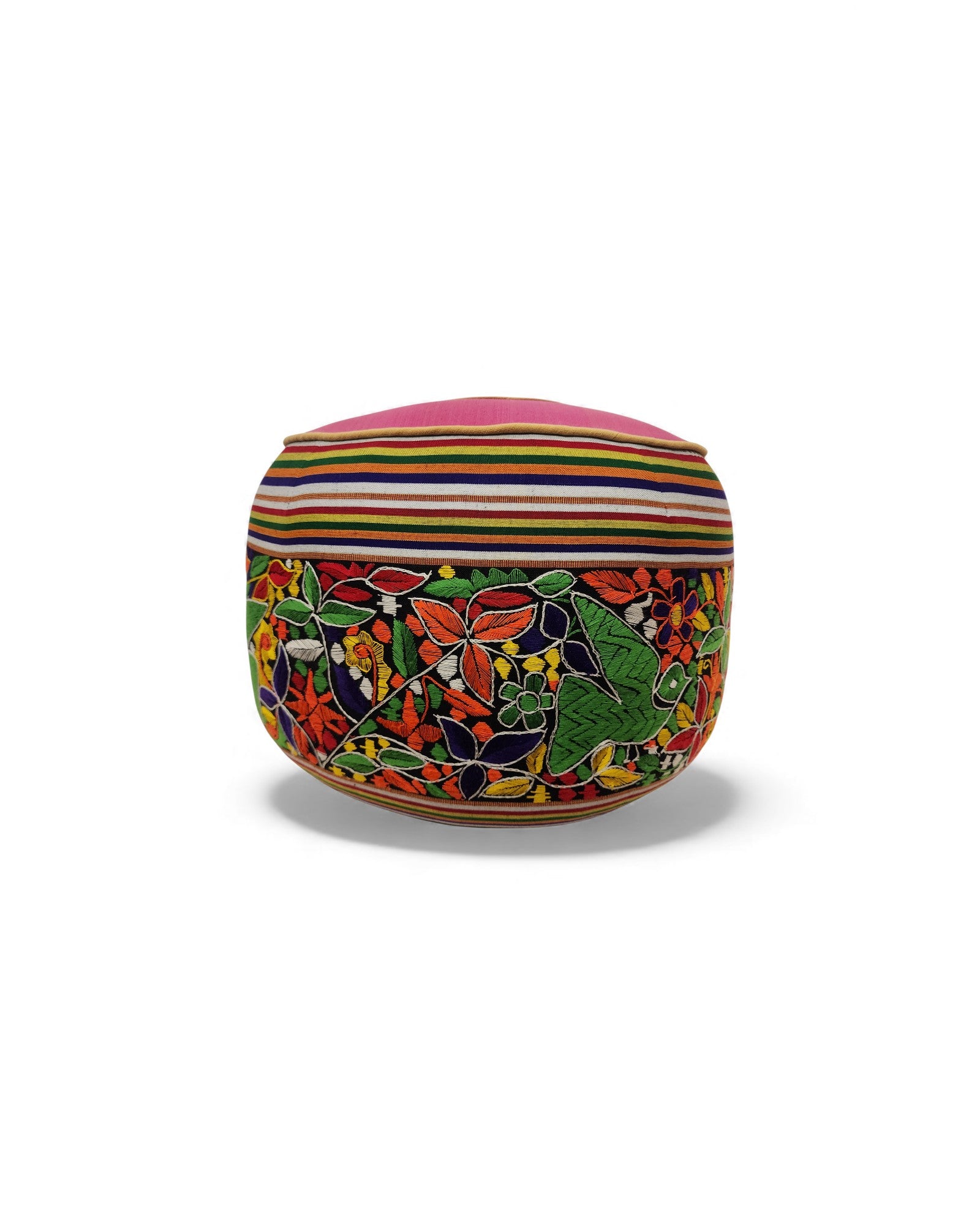 Round Pouf with Hand-Embroidered and Handwoven Fabrics - Floral Design & Pink Top