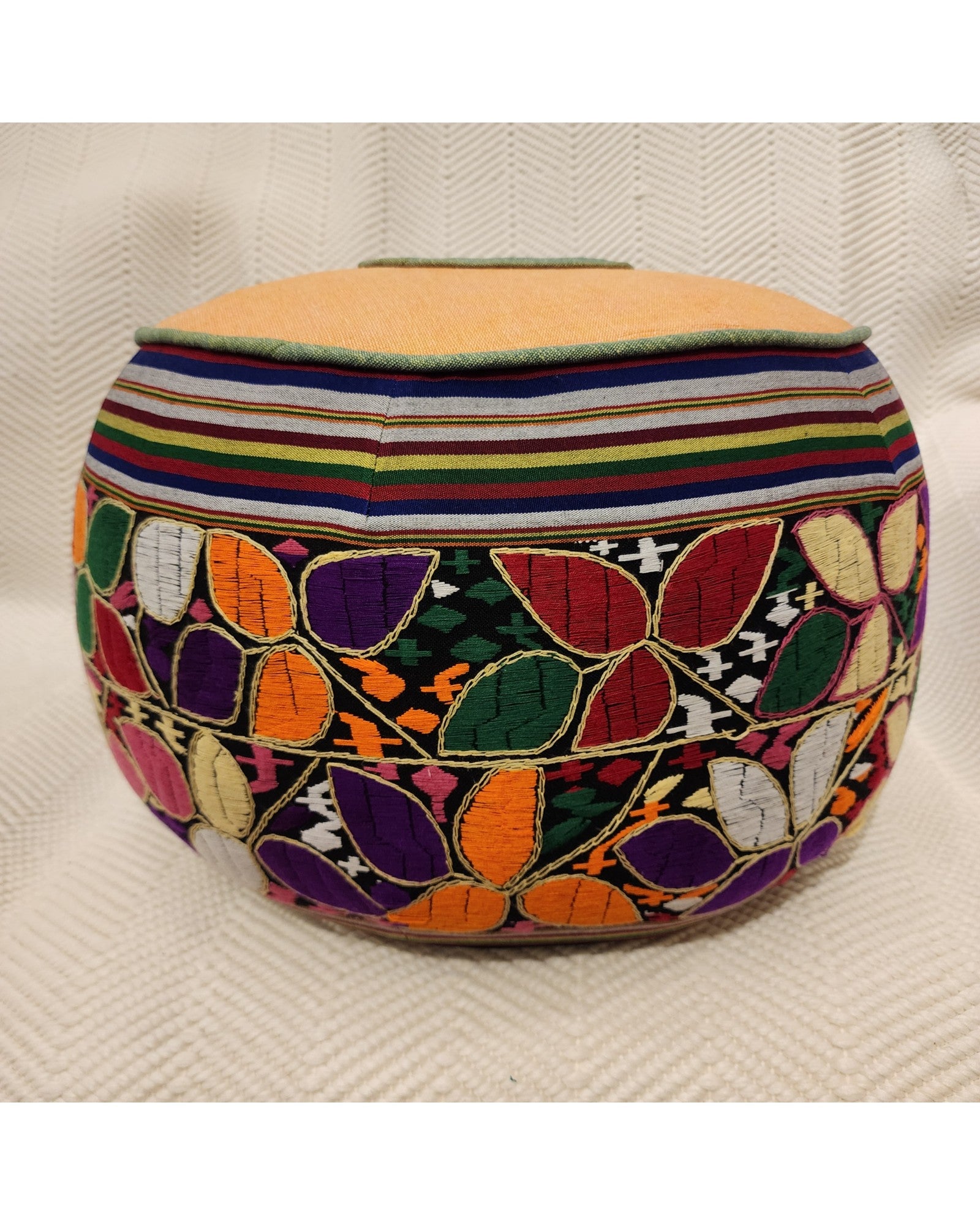 Round Pouf with Hand-Embroidered and Handwoven Fabrics - Floral Design & Yellow Top