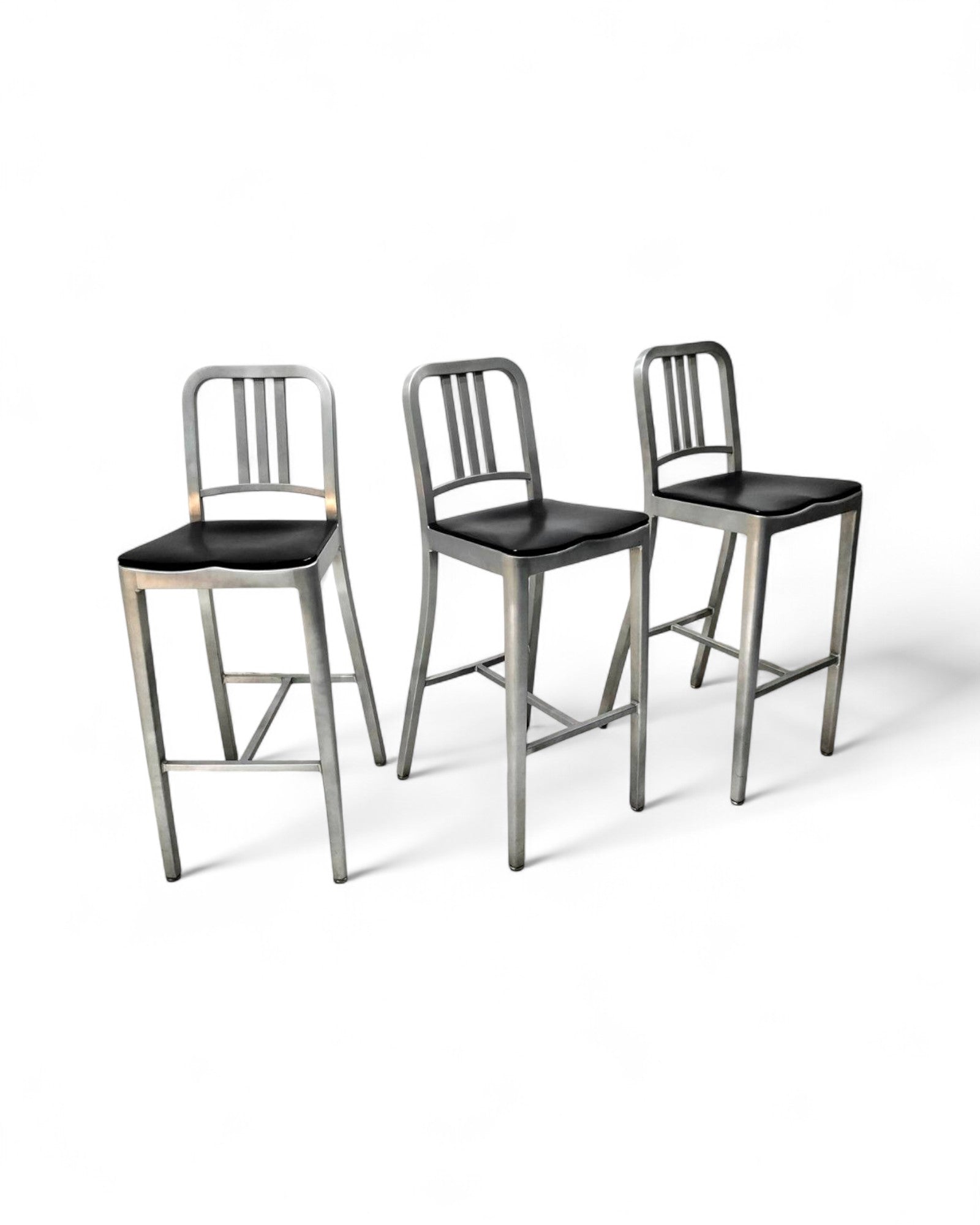 Emeco Navy Bar Stools 1006 with Black Pads in Brushed Aluminum - Original