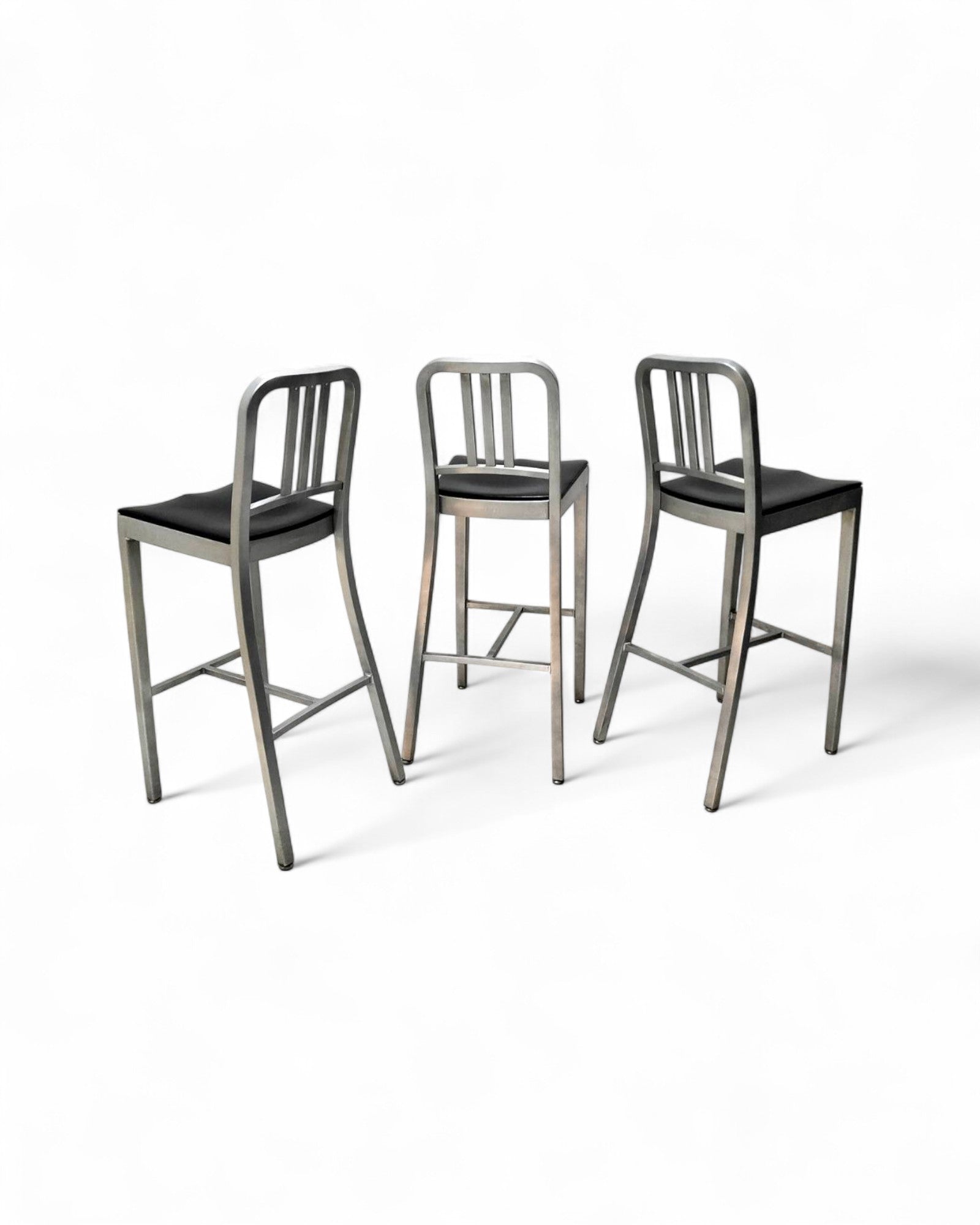 Emeco Navy Bar Stools 1006 with Black Pads in Brushed Aluminum - Original