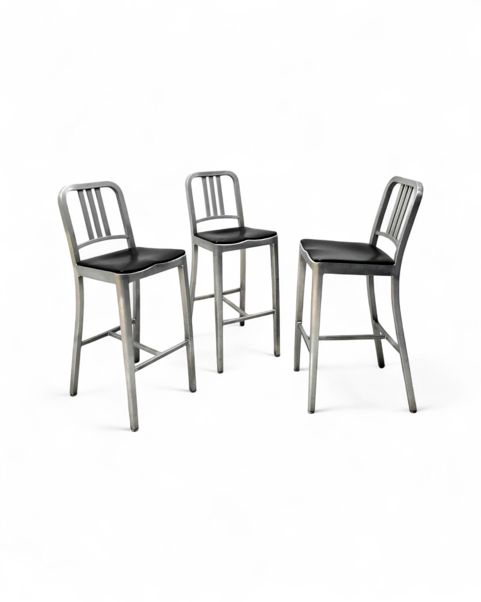 Emeco Navy Bar Stools 1006 with Black Pads in Brushed Aluminum - Original