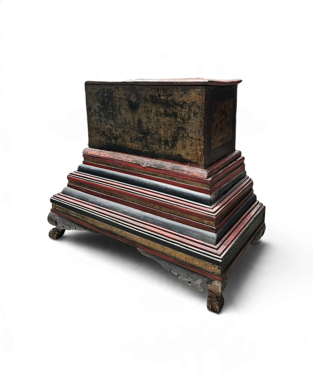 Antique Gilt Lacquer Chest on Tiered Red Stand