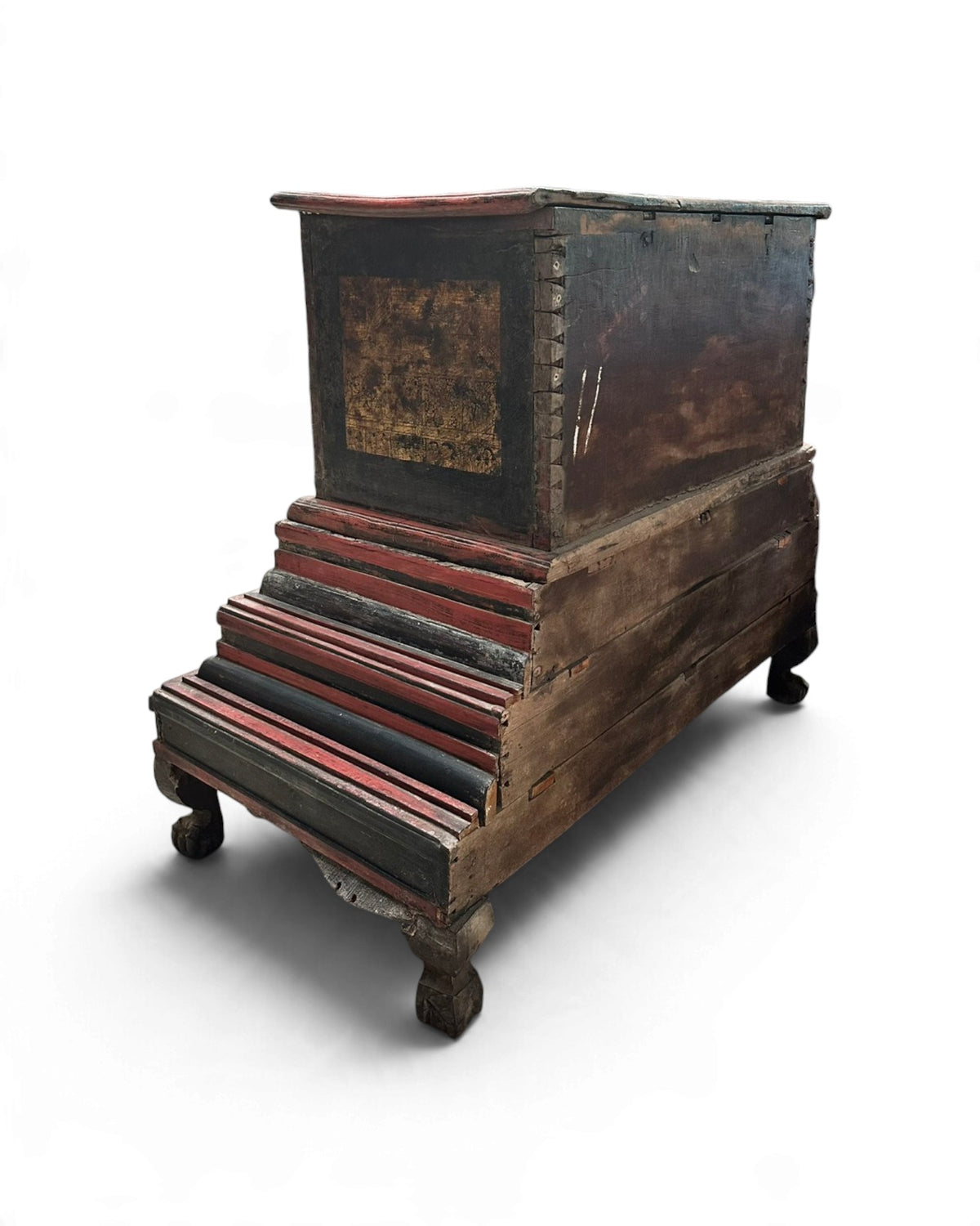 Antique Gilt Lacquer Chest on Tiered Red Stand