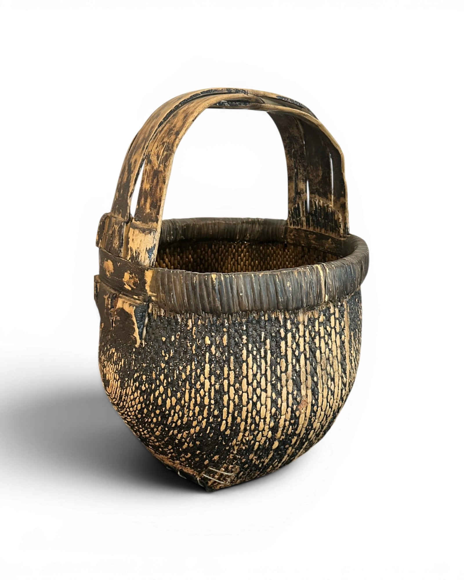Antique Carved Bamboo Basket - Wood Dark Brown
