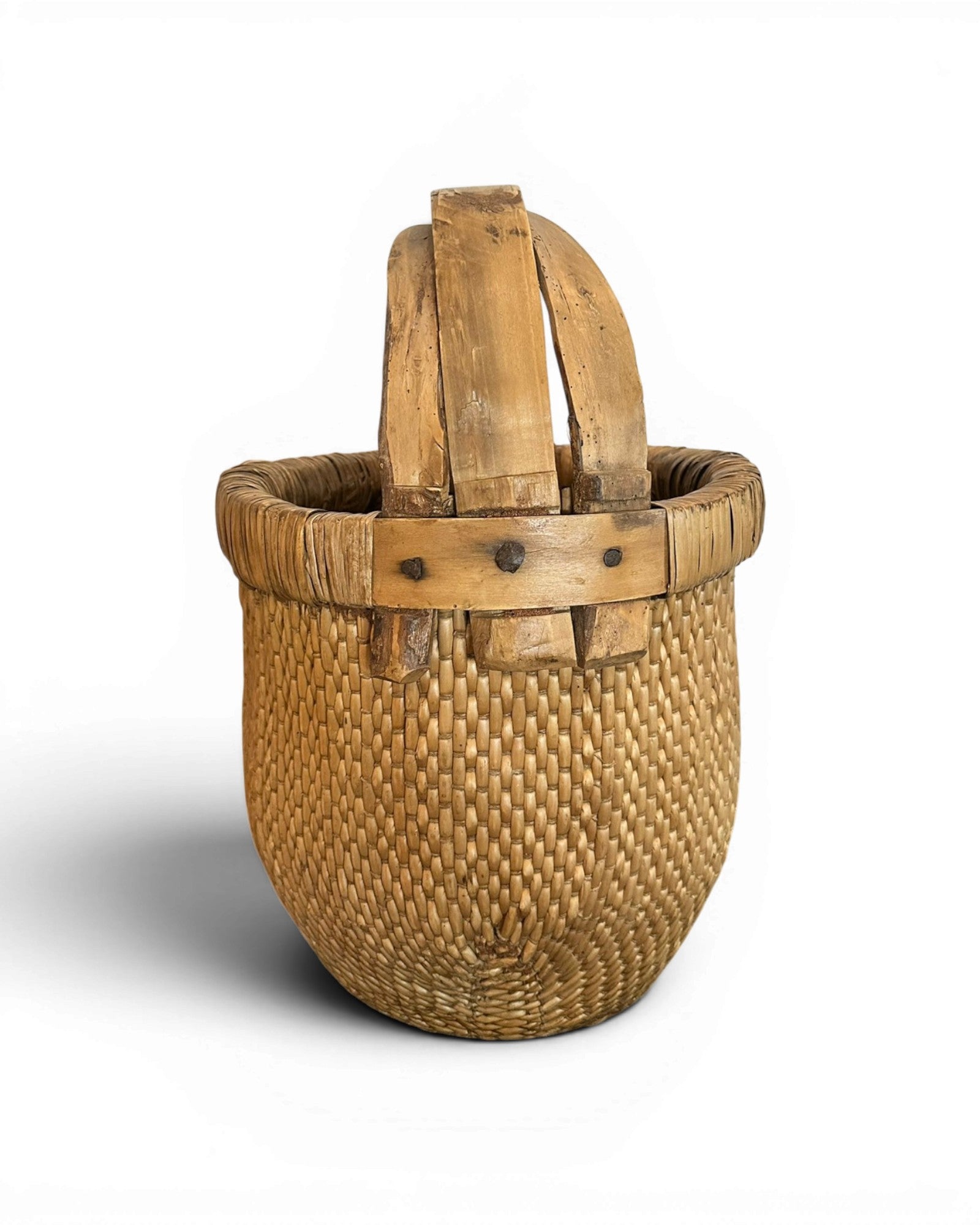 Antique Carved Bamboo Basket - Natural Wood