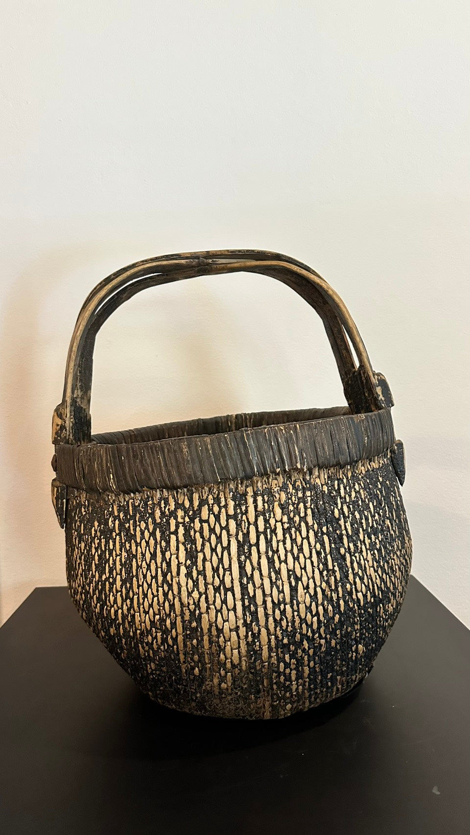 Antique Carved Bamboo Basket - Wood Dark Brown