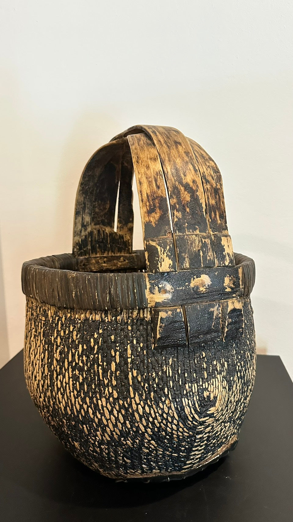 Antique Carved Bamboo Basket - Wood Dark Brown