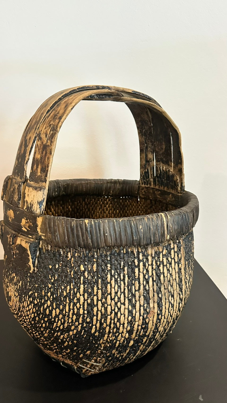 Antique Carved Bamboo Basket - Wood Dark Brown