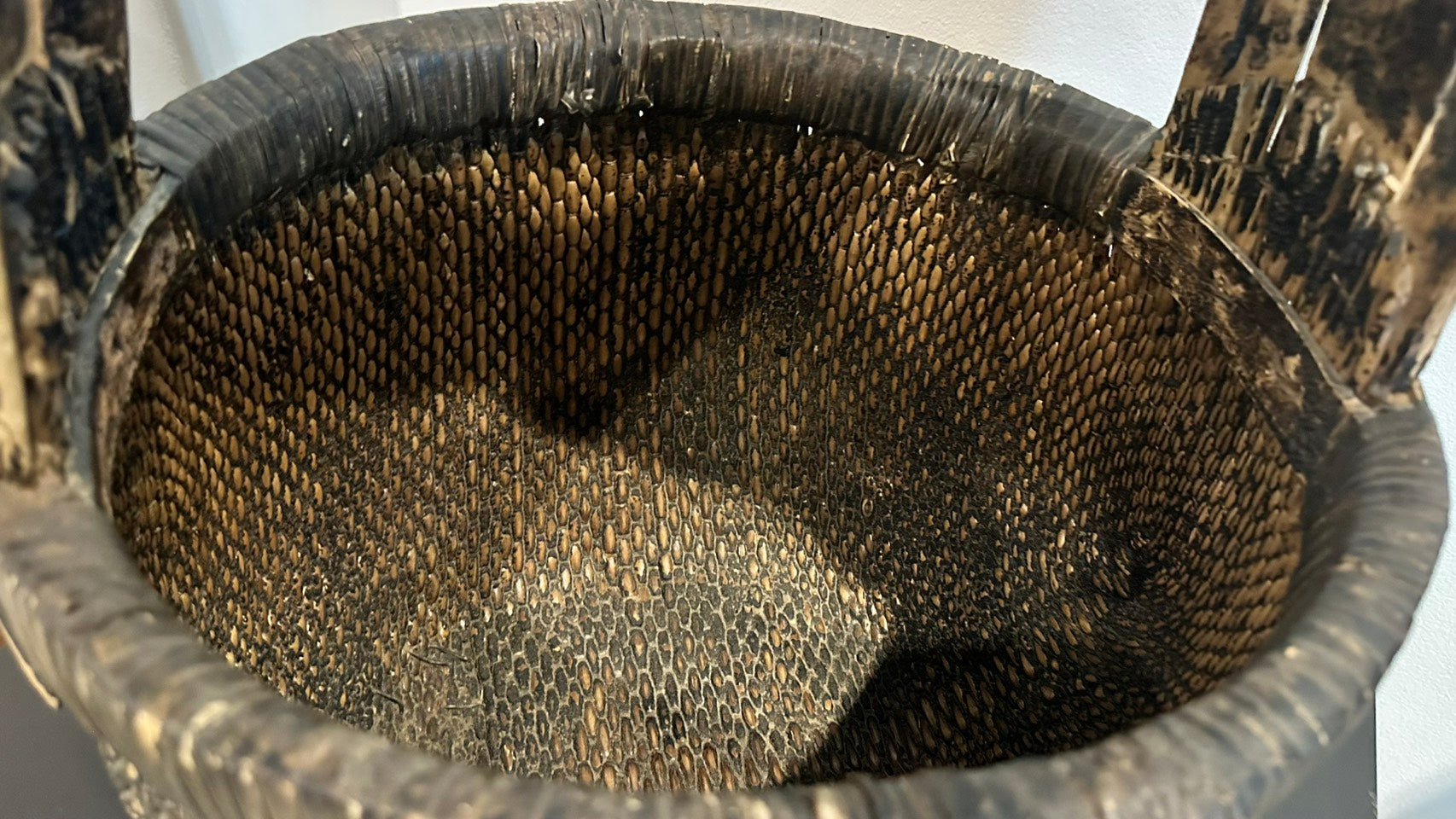 Antique Carved Bamboo Basket - Wood Dark Brown