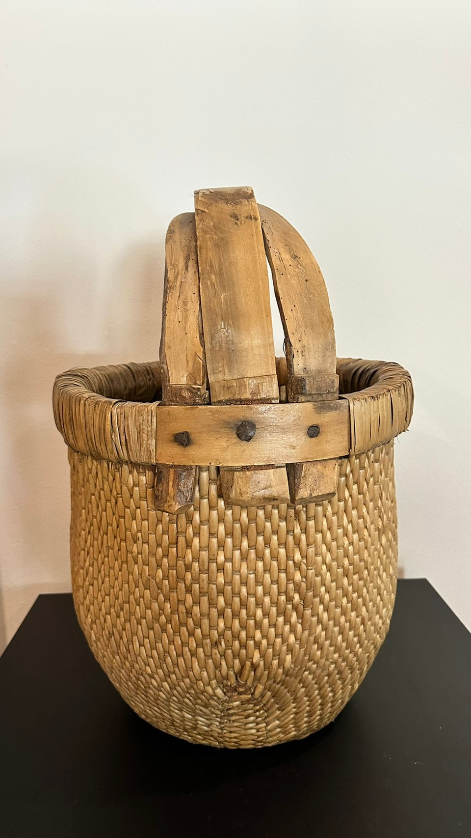 Antique Carved Bamboo Basket - Natural Wood