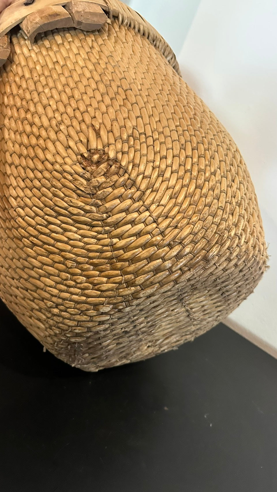 Antique Carved Bamboo Basket - Natural Wood
