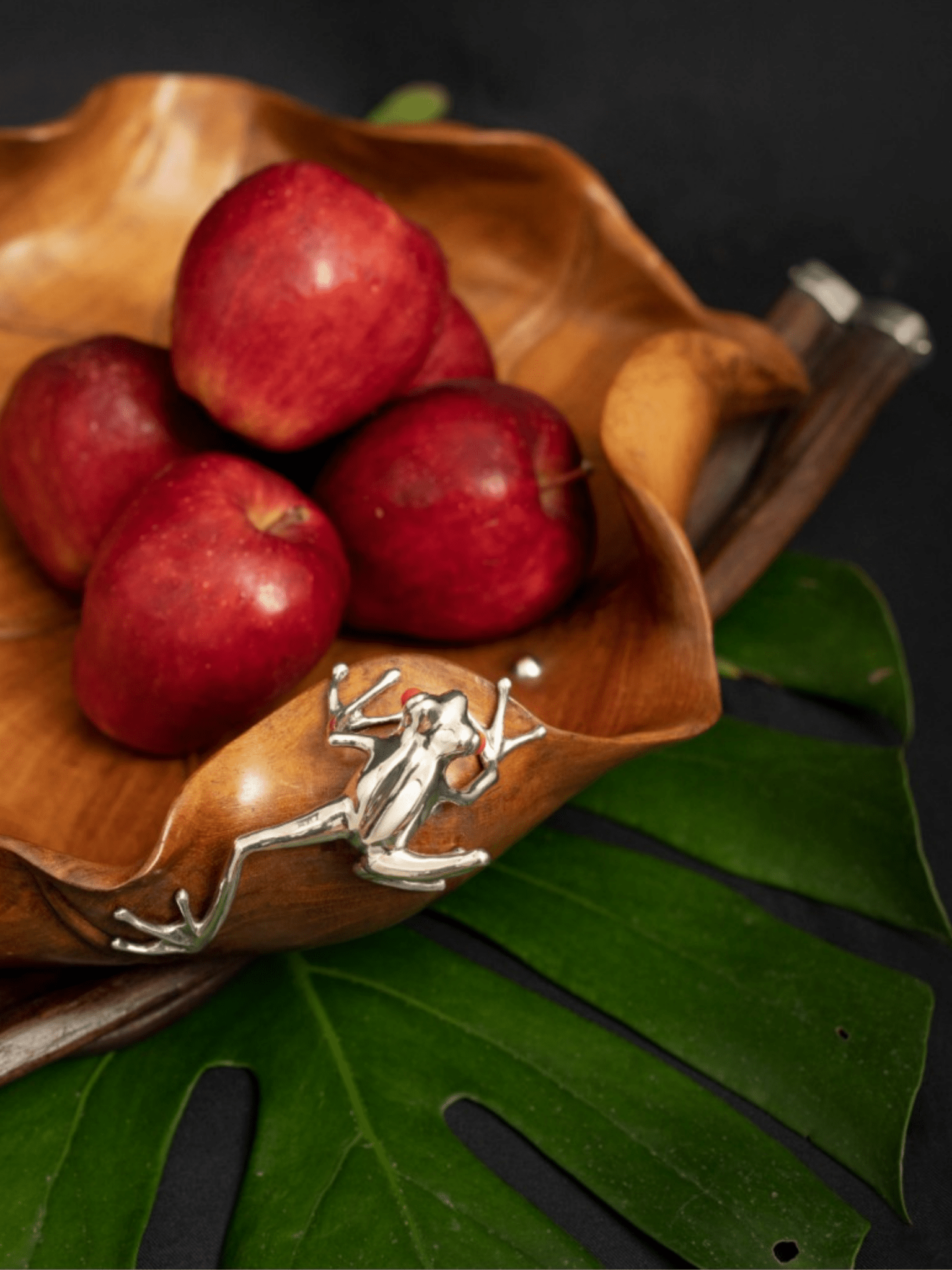 Carved Leaf Teak Bowl with Silver Frog - Surround Living - 2