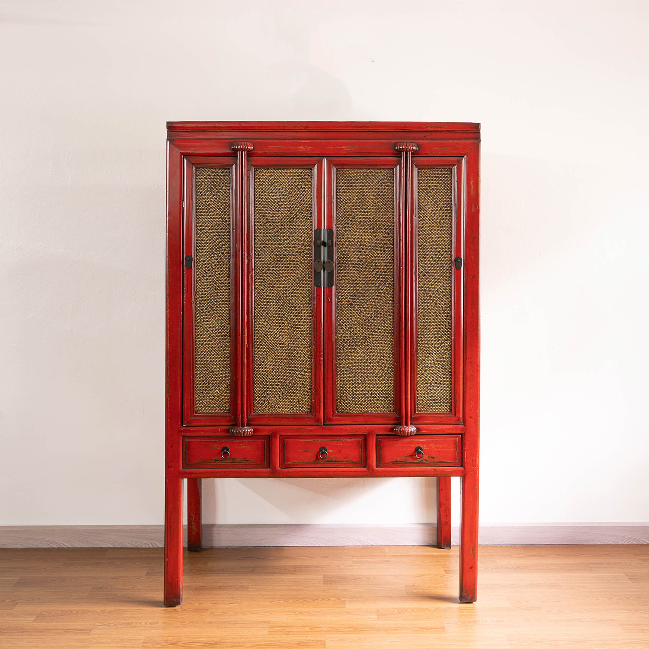 Elegant Antique Chinese Four-Door Rattan Cabinet