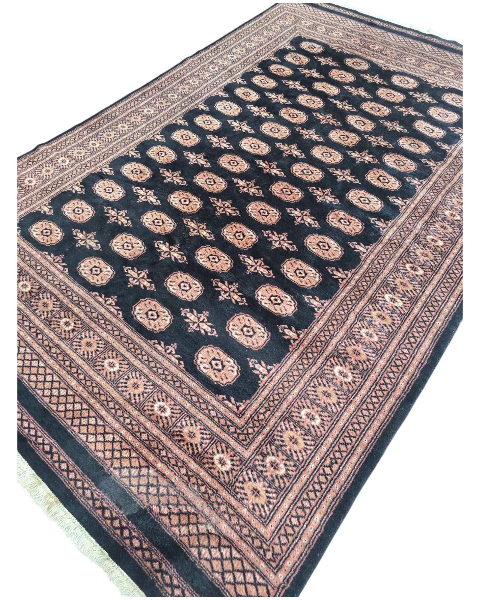 Bokhara-Style Black and Rose Medallion Rug